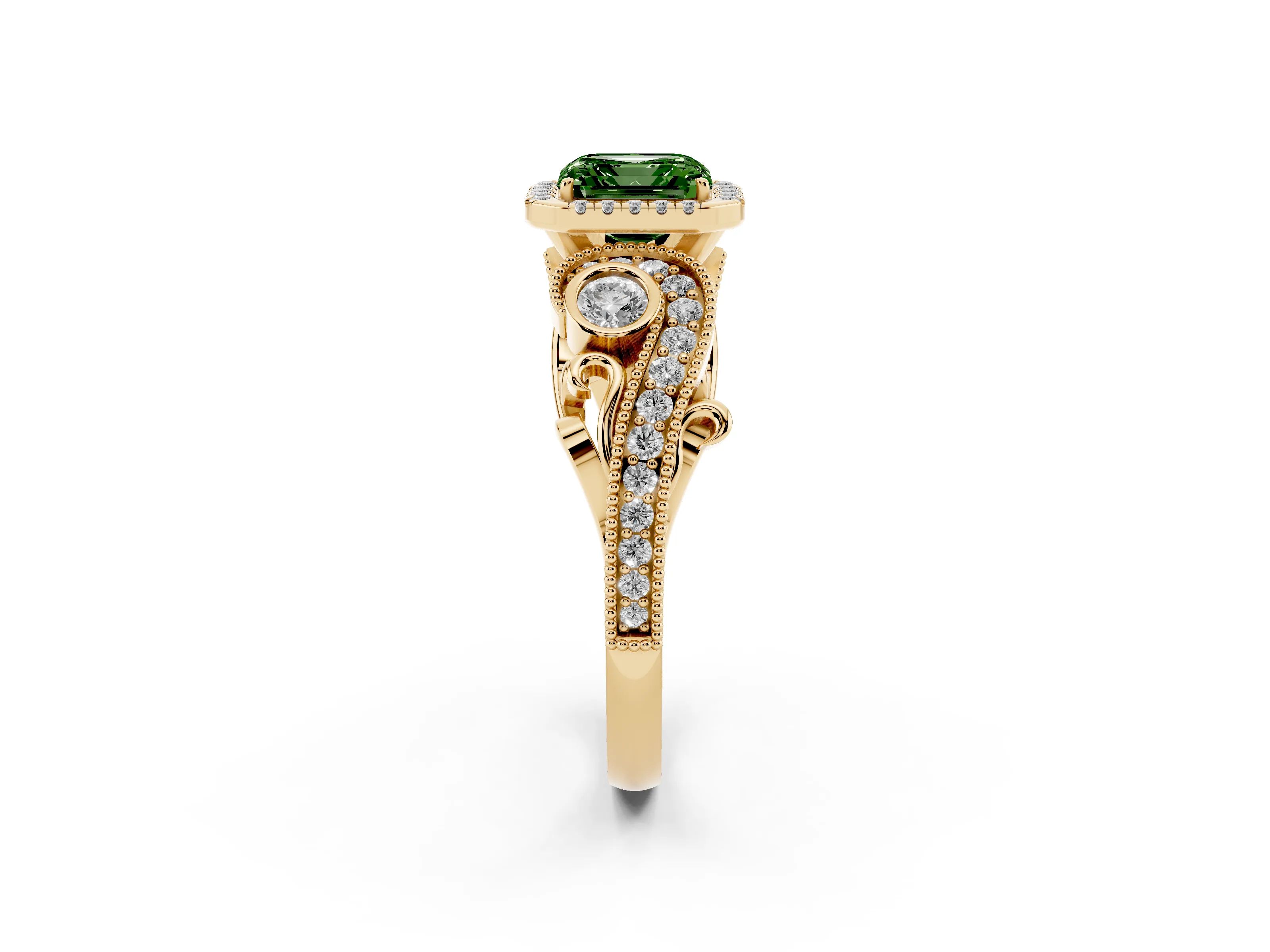 Fancy Green Asscher Cut Diamond Halo Ring Set in Yellow gold with Milgrain Pavé Band and Prong Setting