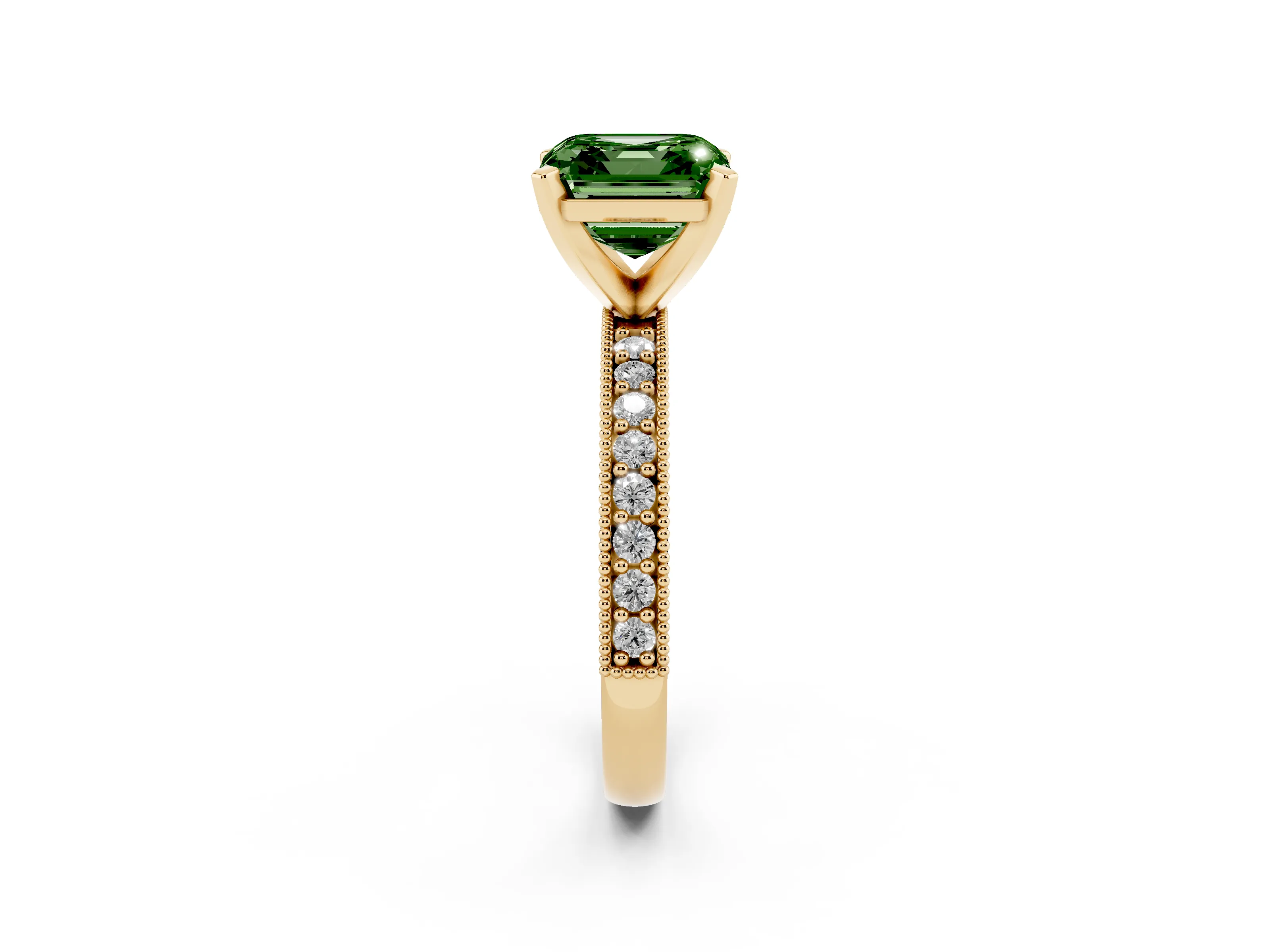 Fancy Green Asscher Cut Diamond Milgrain Pavé Engagement Ring Set in Yellow gold with Prong Setting