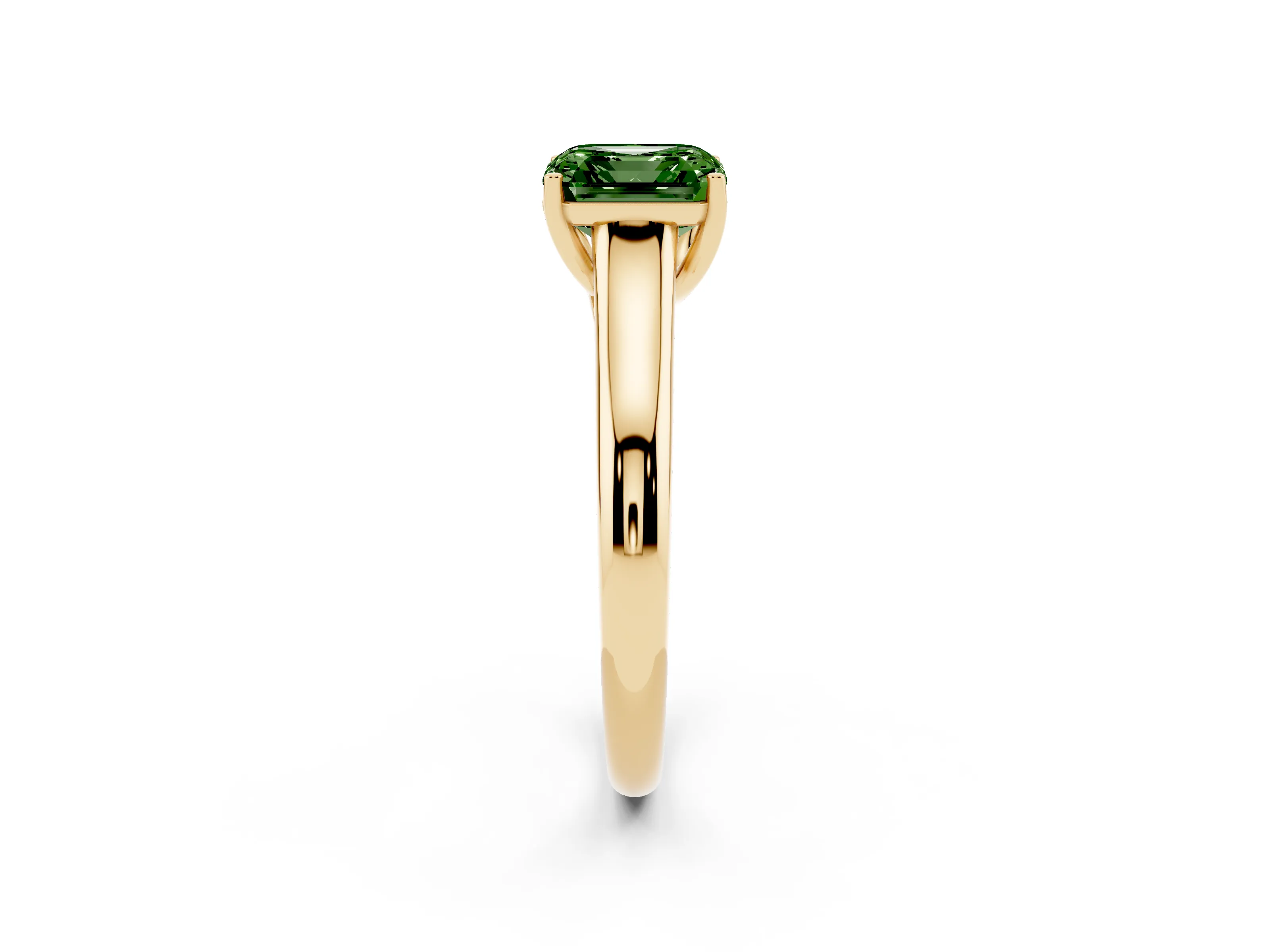 Fancy Green Asscher Cut Diamond Solitaire Engagement Ring Set in Yellow gold with Subtly Tapered Band and Prong Setting