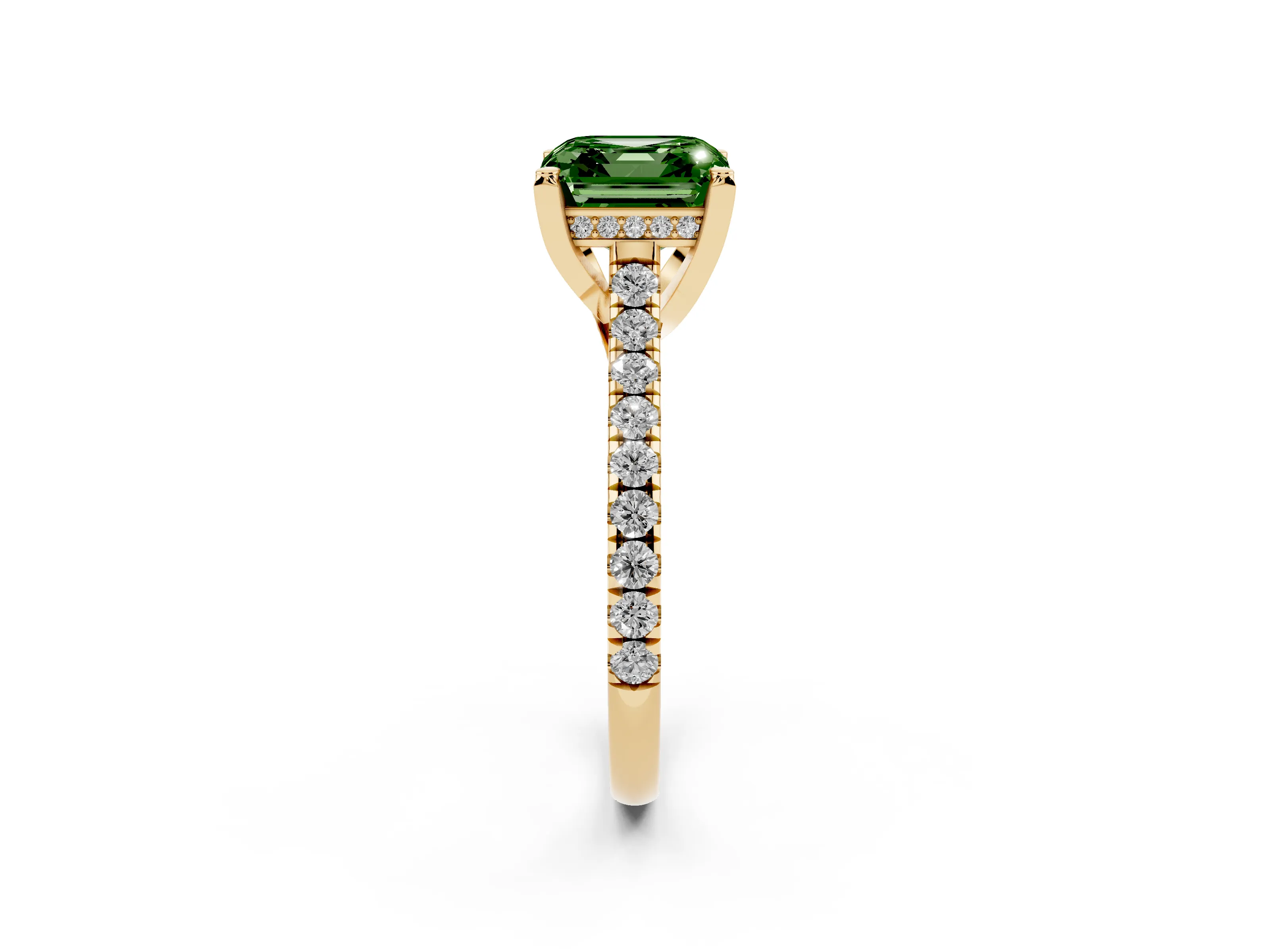 Fancy Green Asscher Cut Diamond Solitaire Ring Set in Yellow gold with Brilliant Pavé Band and Prong Setting