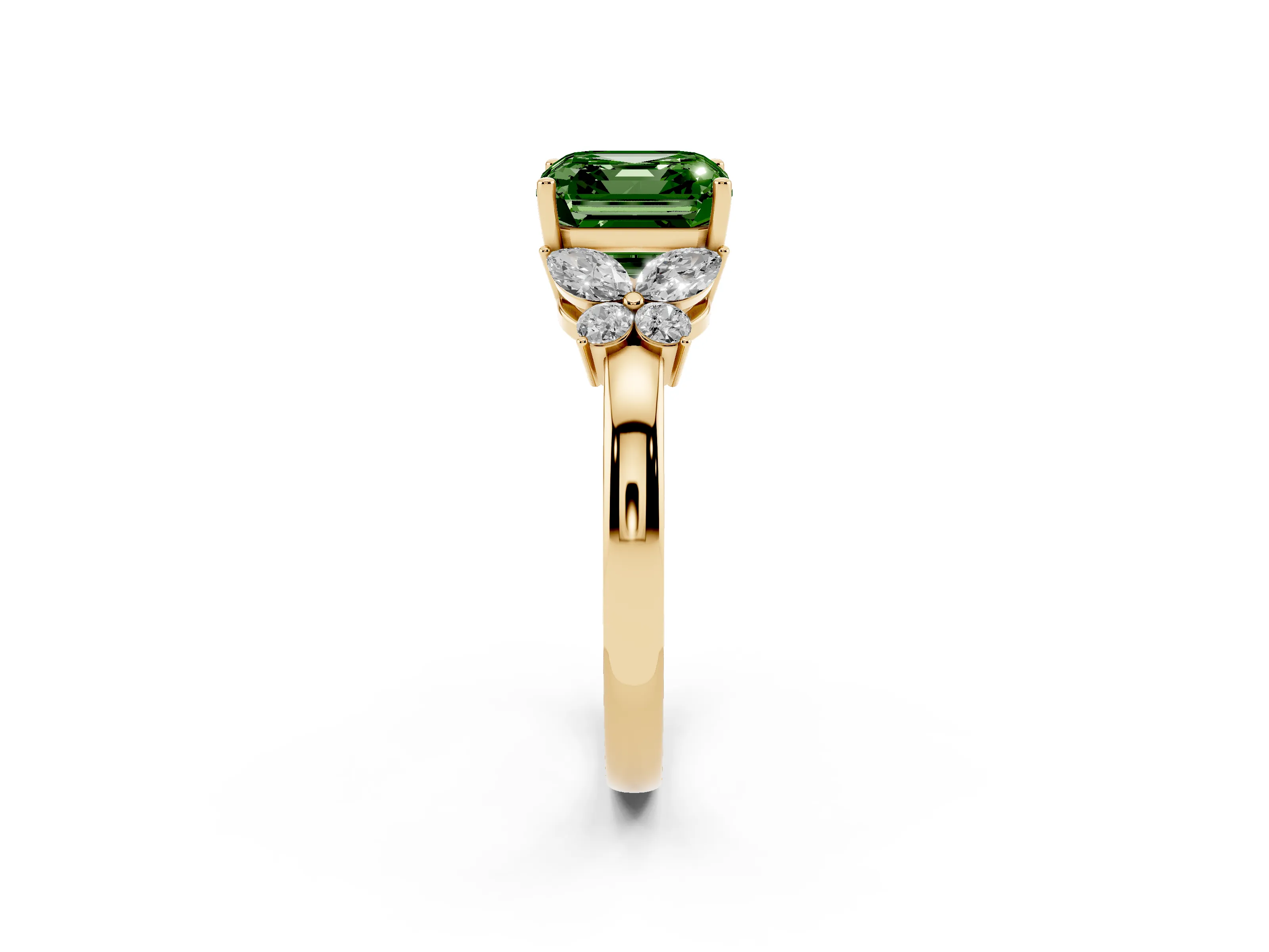 Fancy Green Asscher Cut Diamond Solitaire Floral Ring Set in Yellow gold with Marquise Petals and Prong Setting