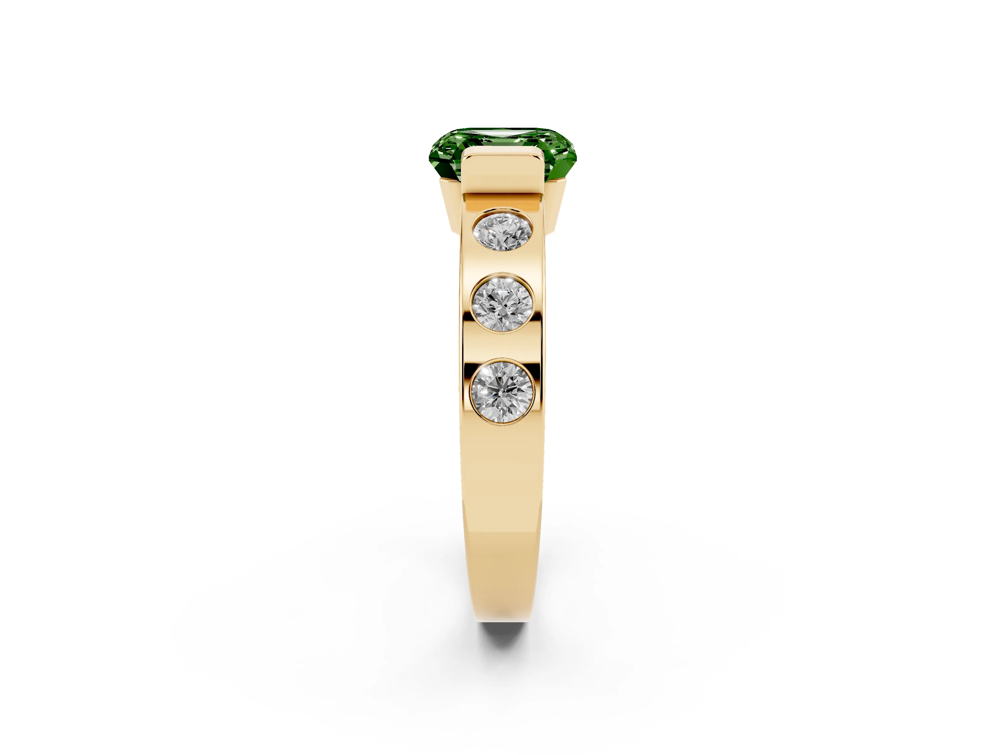 Fancy Green Asscher Cut Diamond Channel-Set Band Ring Set in Yellow gold with Bezel Prong Setting