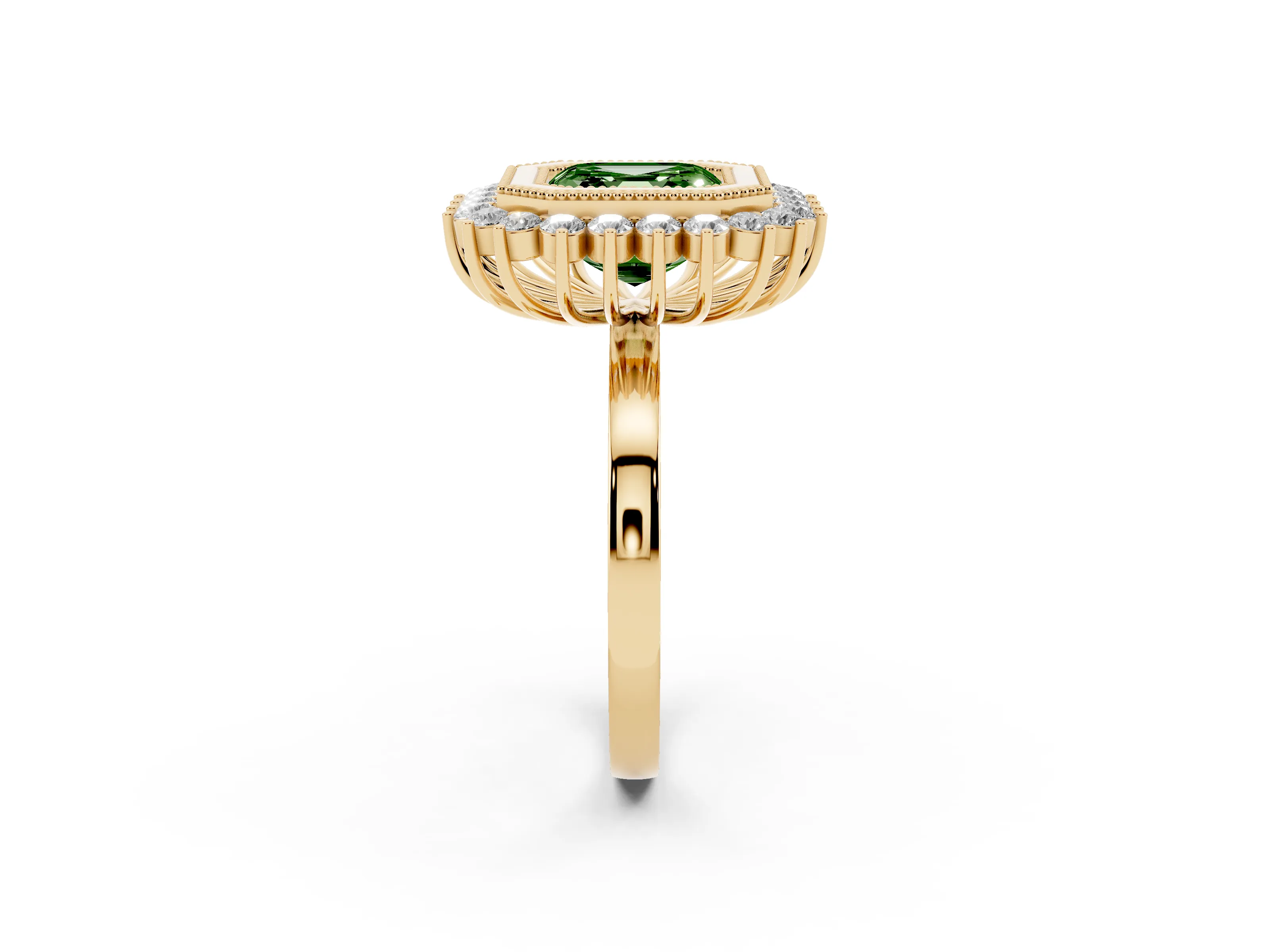 Fancy Green Asscher Cut Diamond Halo Ring Set in Yellow gold with Milgrain Edge and Round Prong Setting