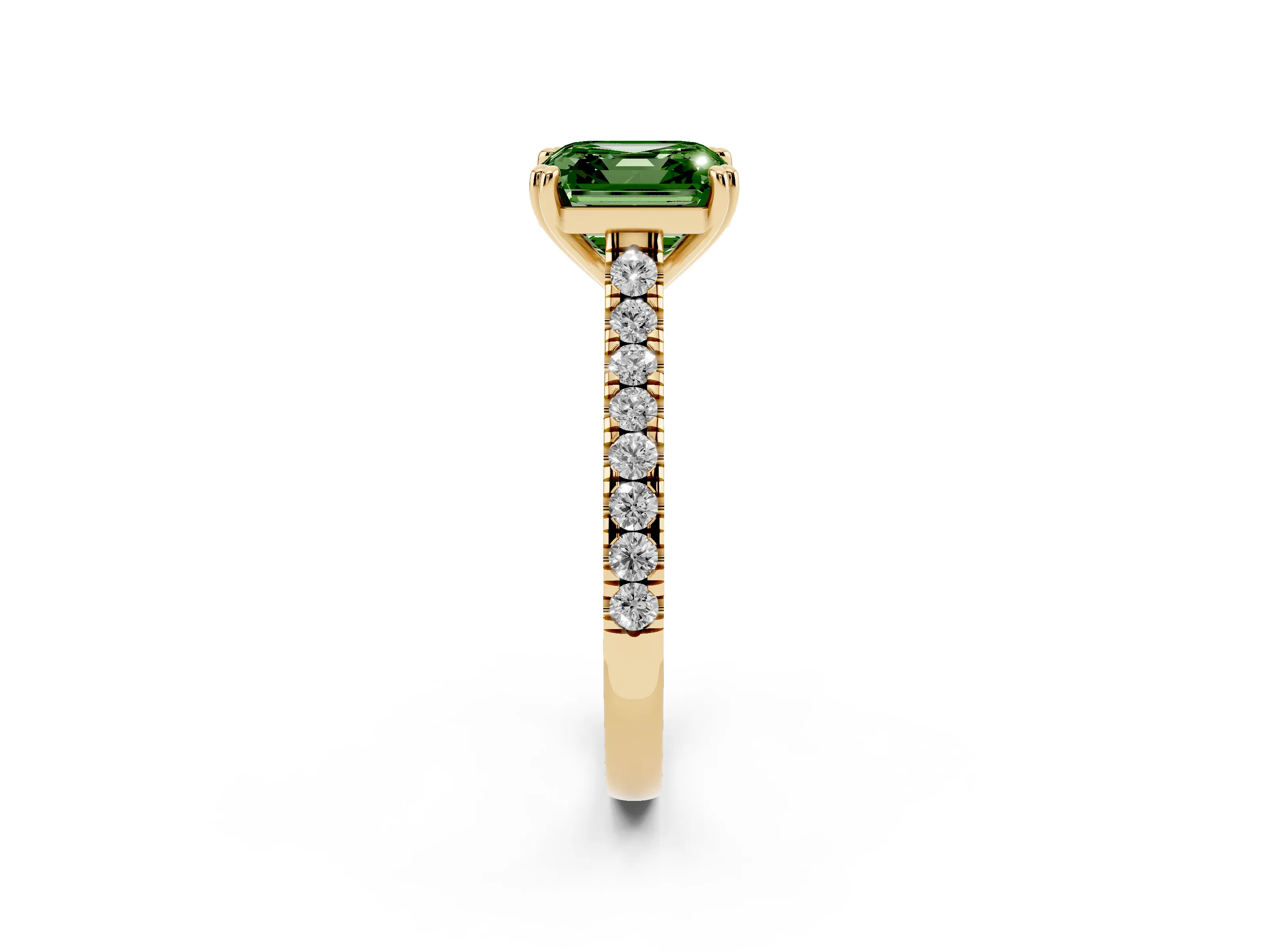 Fancy Green Asscher Cut Diamond Solitaire Engagement Ring Set in Yellow gold with Pavé Accents and Prong Setting