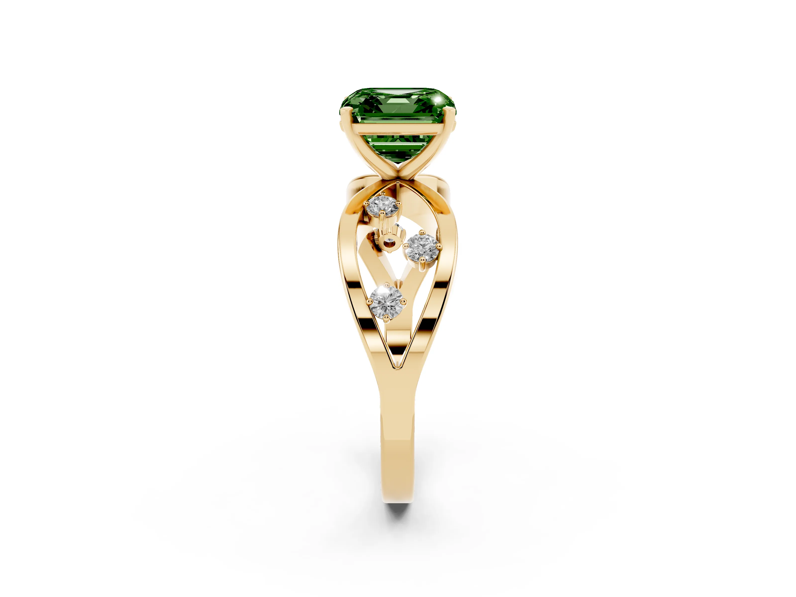 Fancy Green Asscher Cut Diamond Solitaire Ring Set in Yellow gold with Side Stones on Criss-Cross Band and Prong Setting
