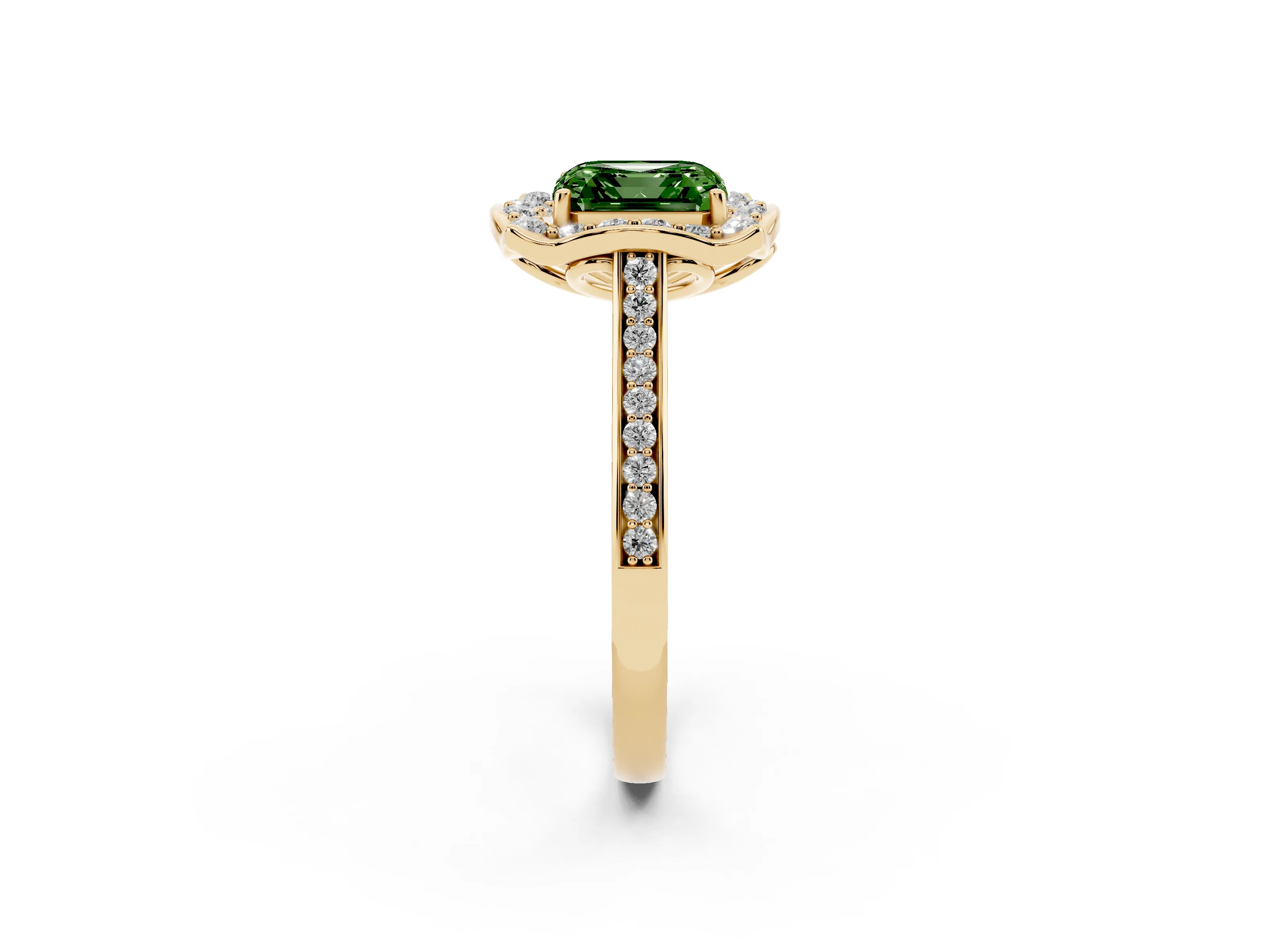 Fancy Green Asscher Cut Diamond Halo Ring Set in Yellow gold with Pavé-Lined Shoulders and Prong Setting