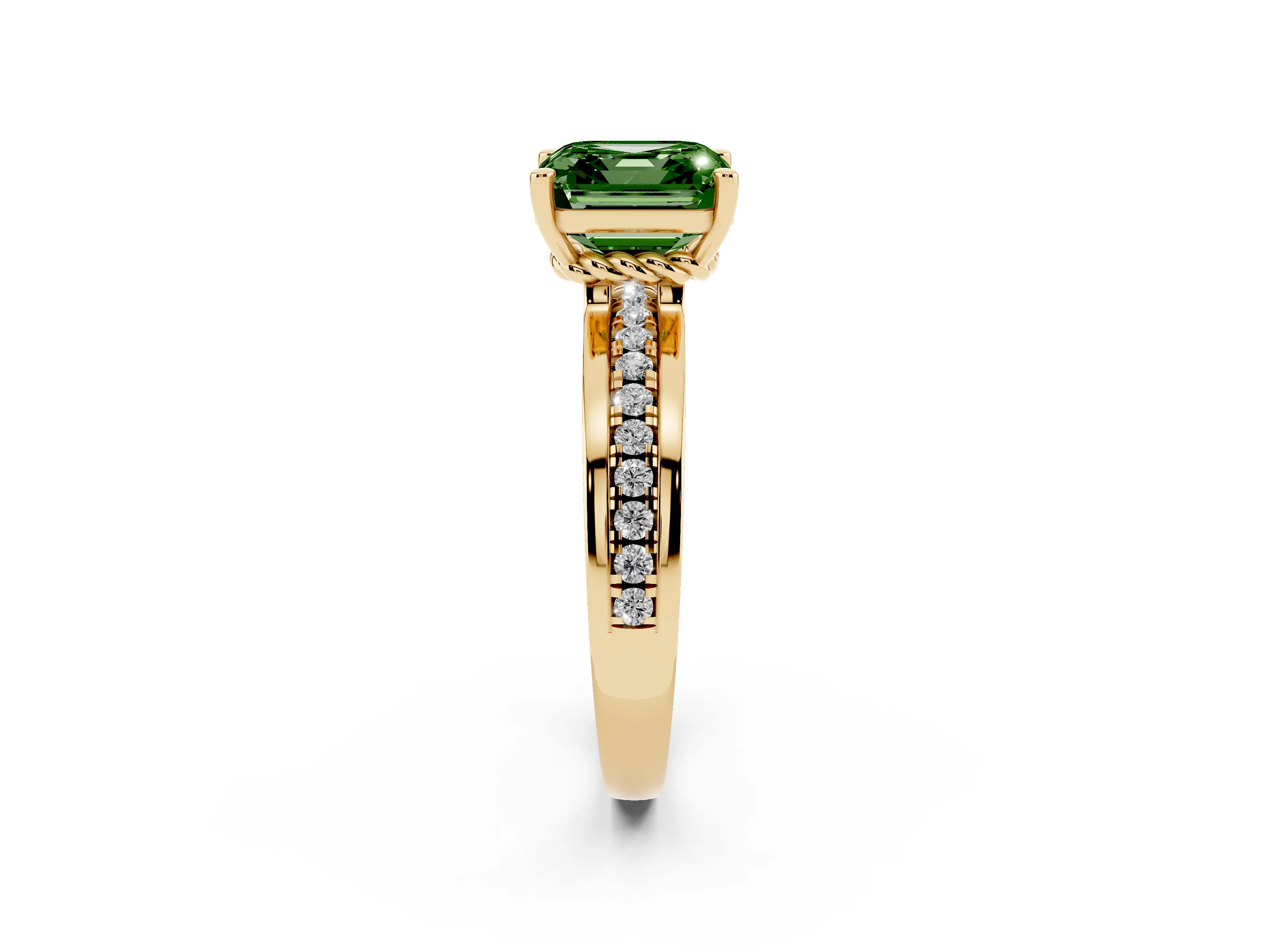 Fancy Green Asscher Cut Diamond Solitaire Ring Set in Yellow gold with Channel Set Band and Prong Setting