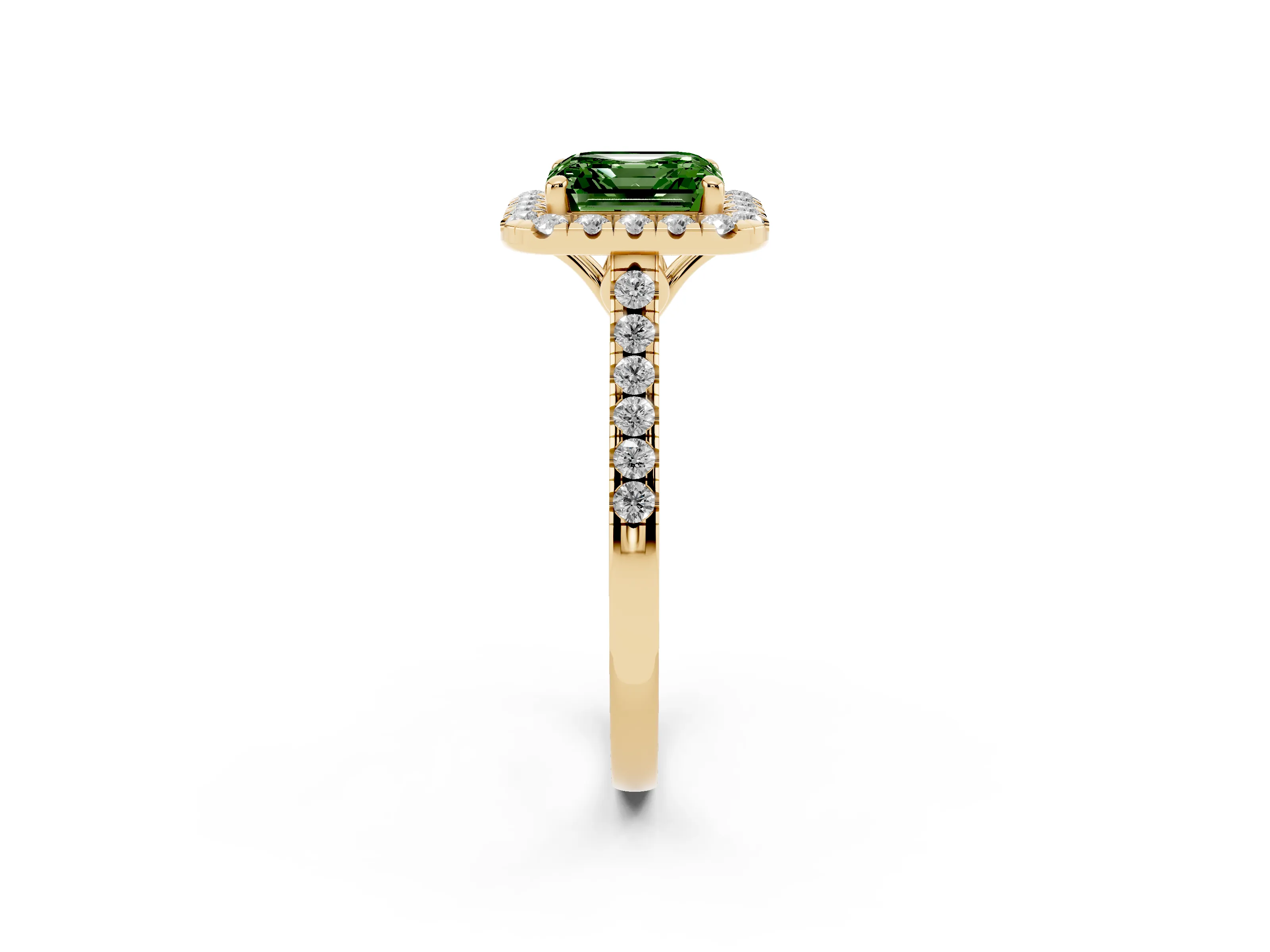 Fancy Green Asscher Cut Diamond Pavé Halo Engagement Ring Set in Yellow gold with Pavé Band and Prong Setting