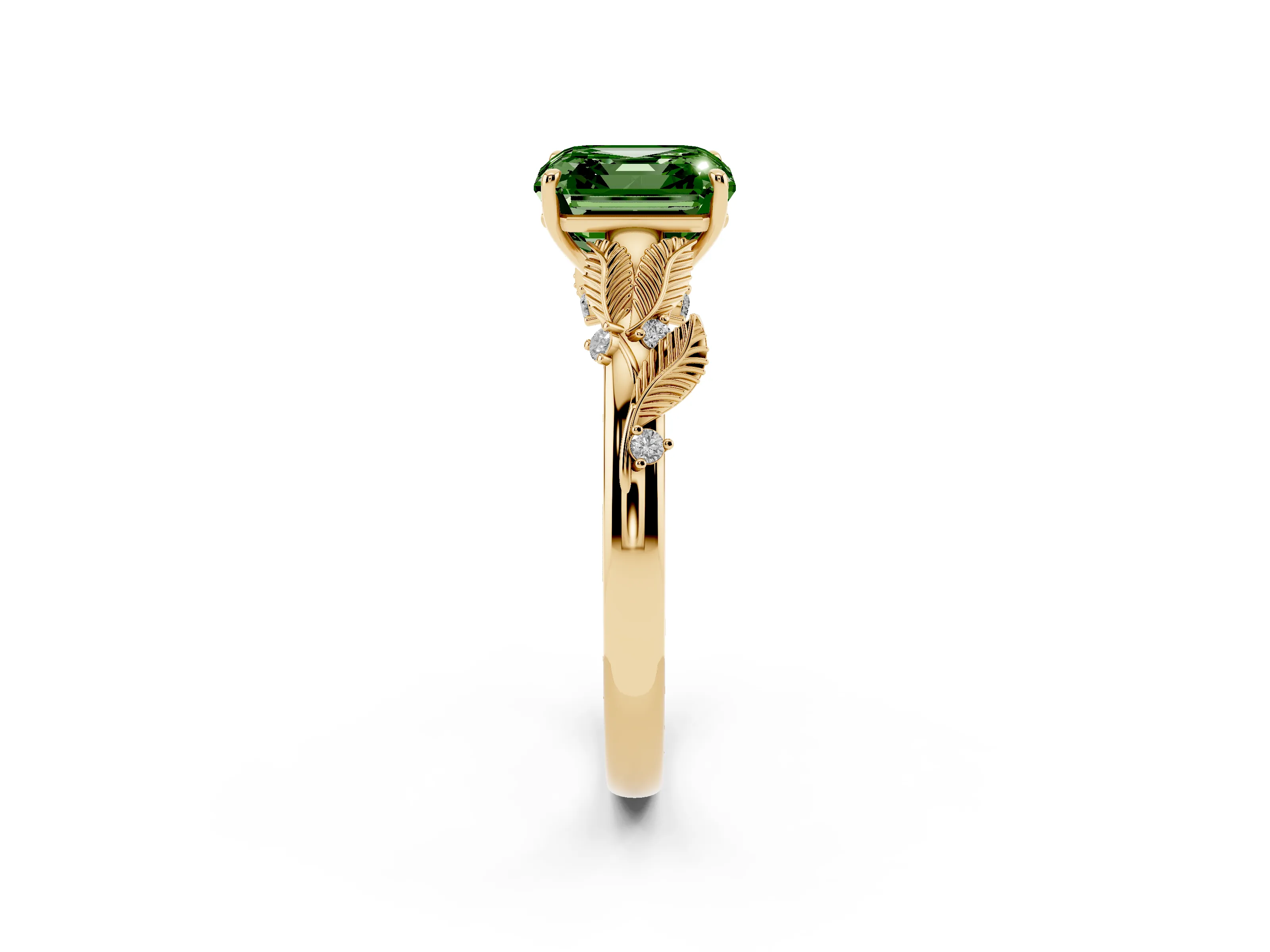 Fancy Green Asscher Cut Diamond Solitaire Ring Set in Yellow gold with Leaf Motif Band
