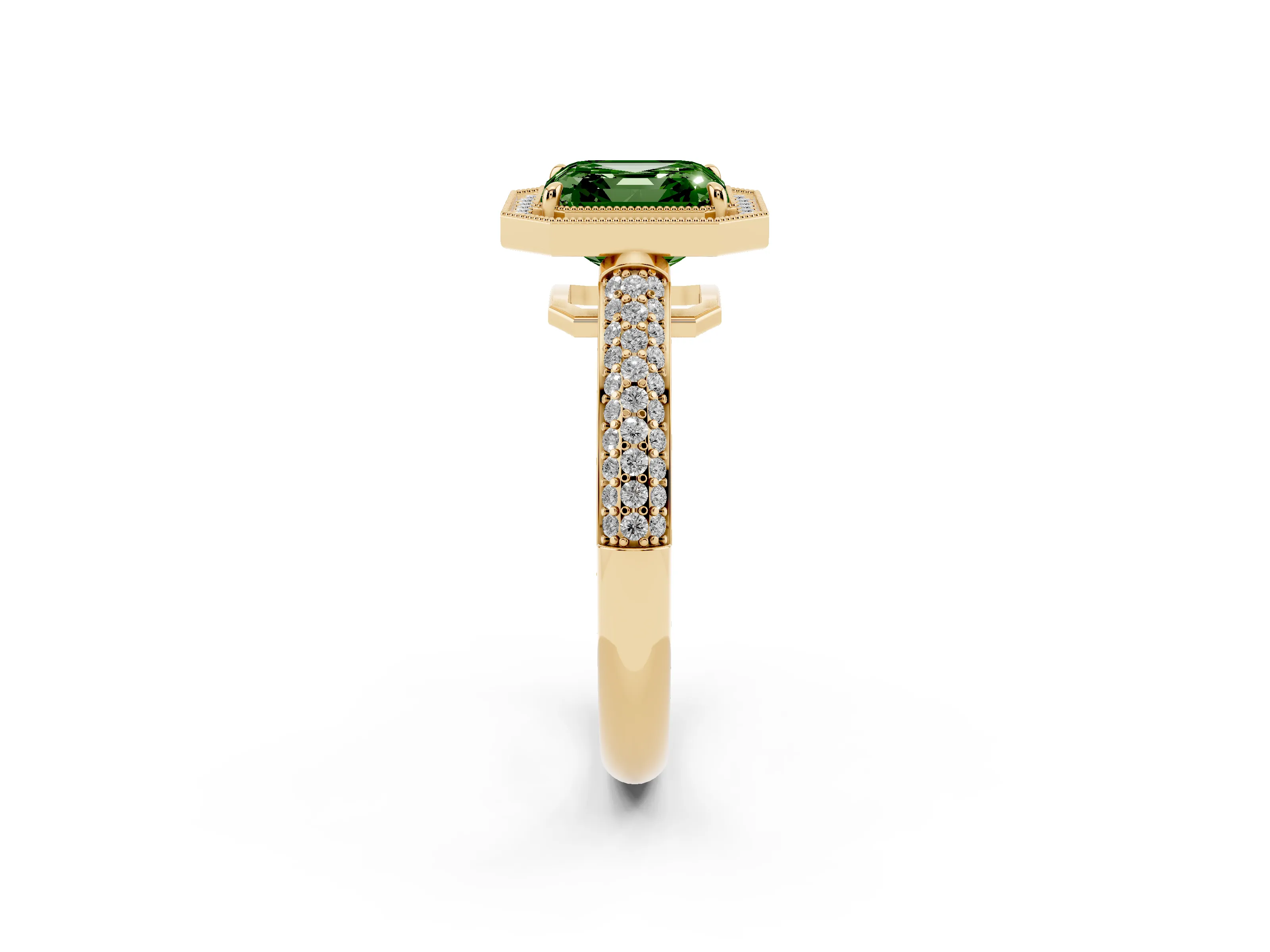 Fancy Green Asscher Cut Diamond Halo Pavé Band Set in Yellow gold with Prong Setting
