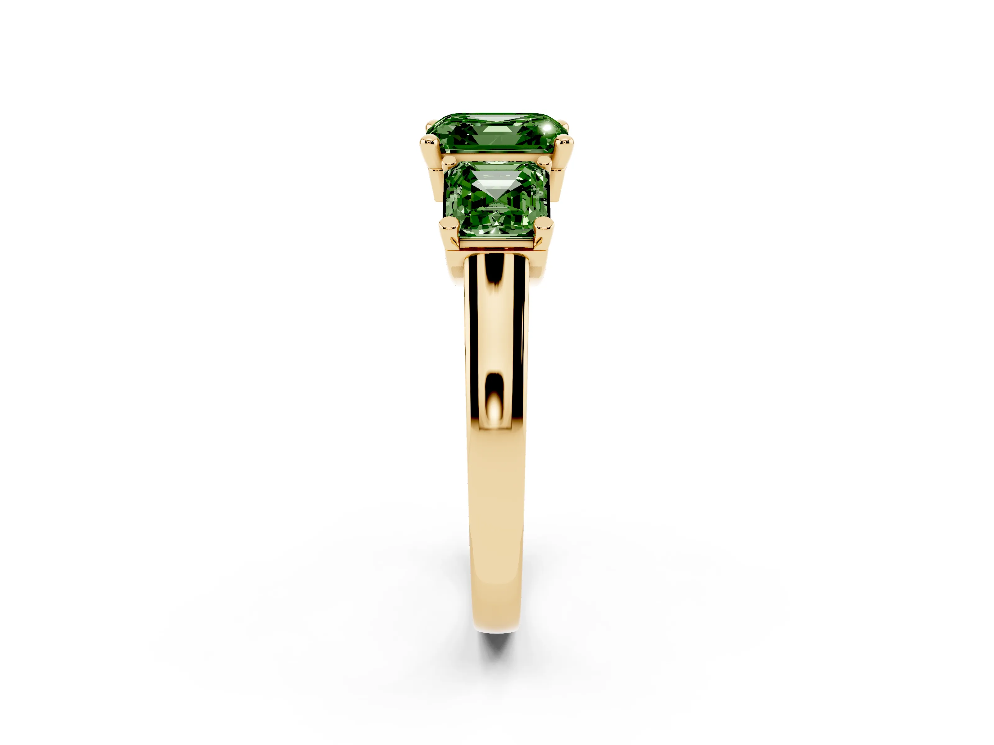 Fancy Green Asscher Cut Diamond Three-Stone Trellis Ring Set in Yellow gold with Comfort Fit Band