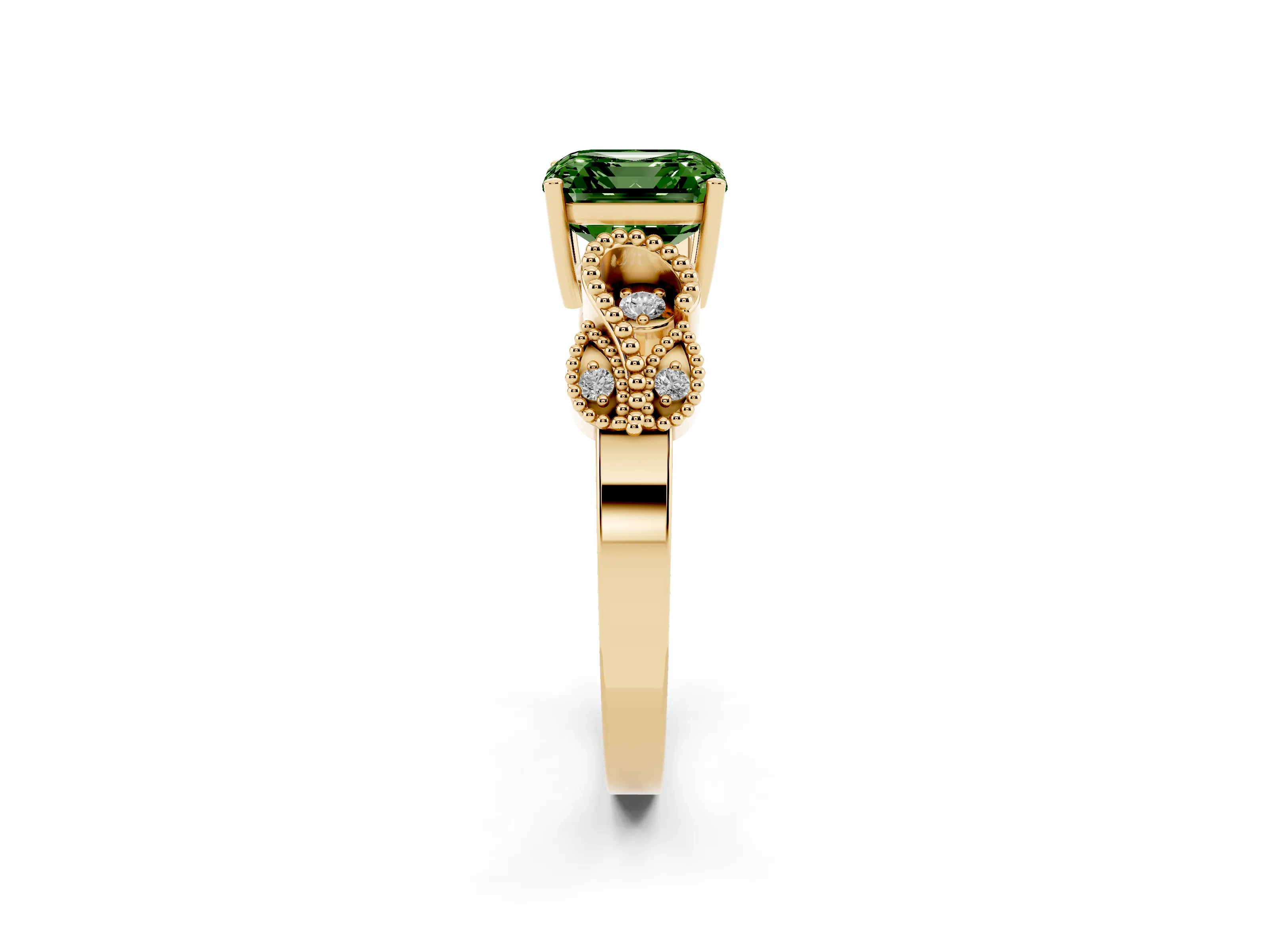 Fancy Green Asscher Cut Diamond Milgrain Leaf Band Solitaire Ring Set in Yellow gold with Accent Stones and Prong Setting
