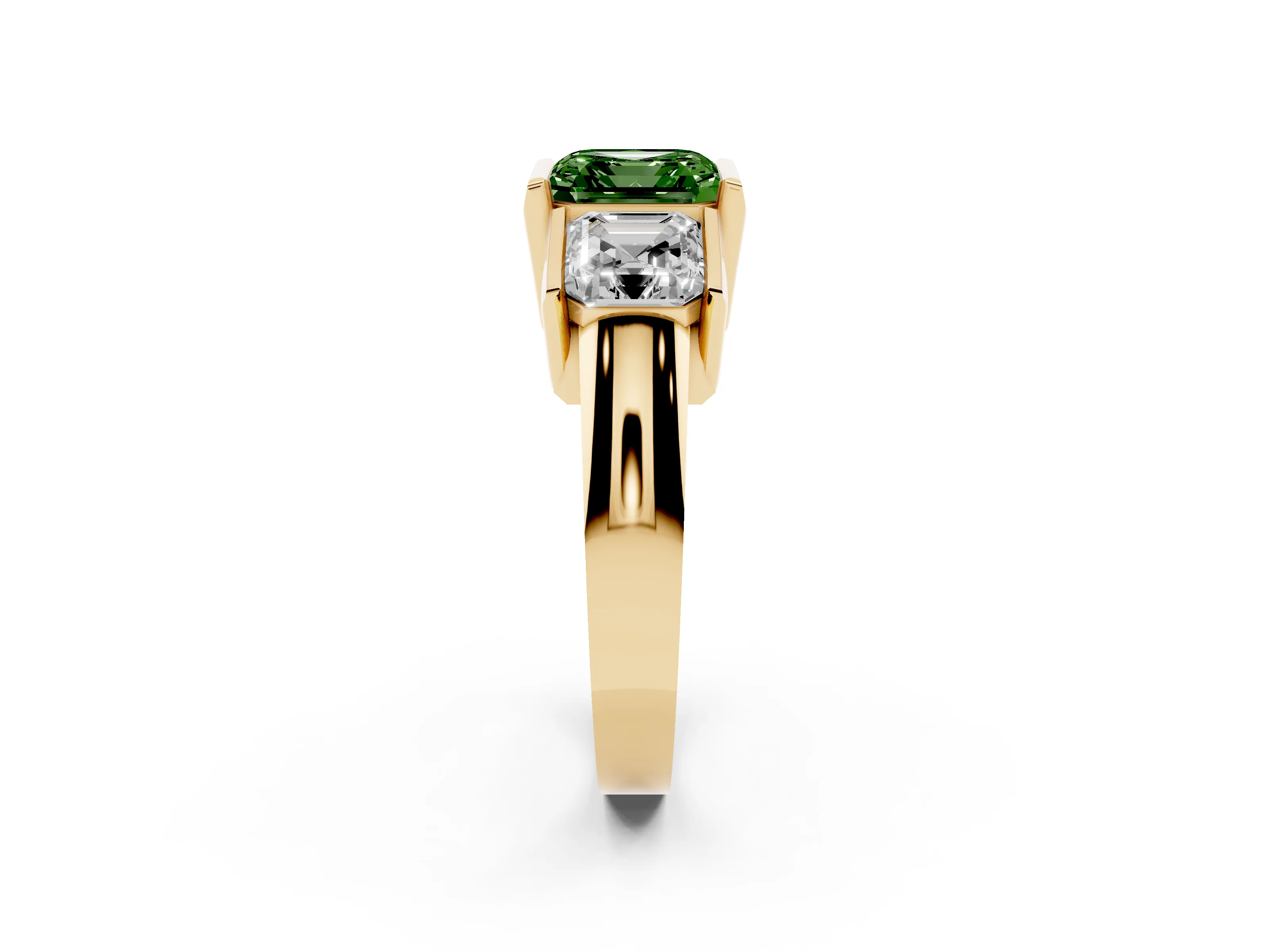 Fancy Green Asscher Cut Diamond Three-Stone Channel Set Ring Set in Yellow gold with Smooth Polished Band