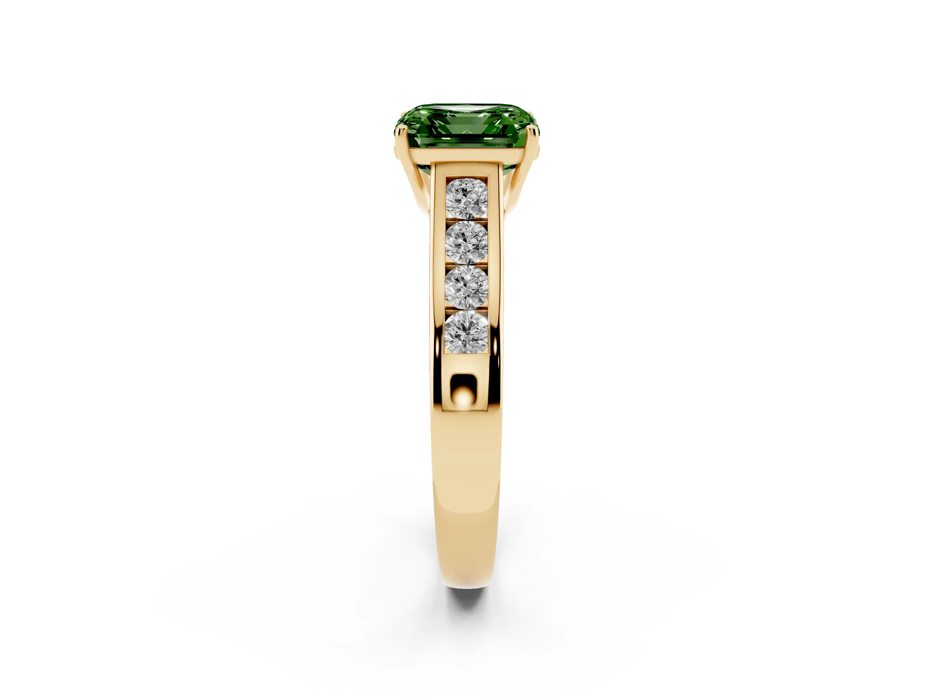 Fancy Green Asscher Cut Diamond Brilliant Channel-Set Solitaire Ring Set in Yellow gold with Prong Setting