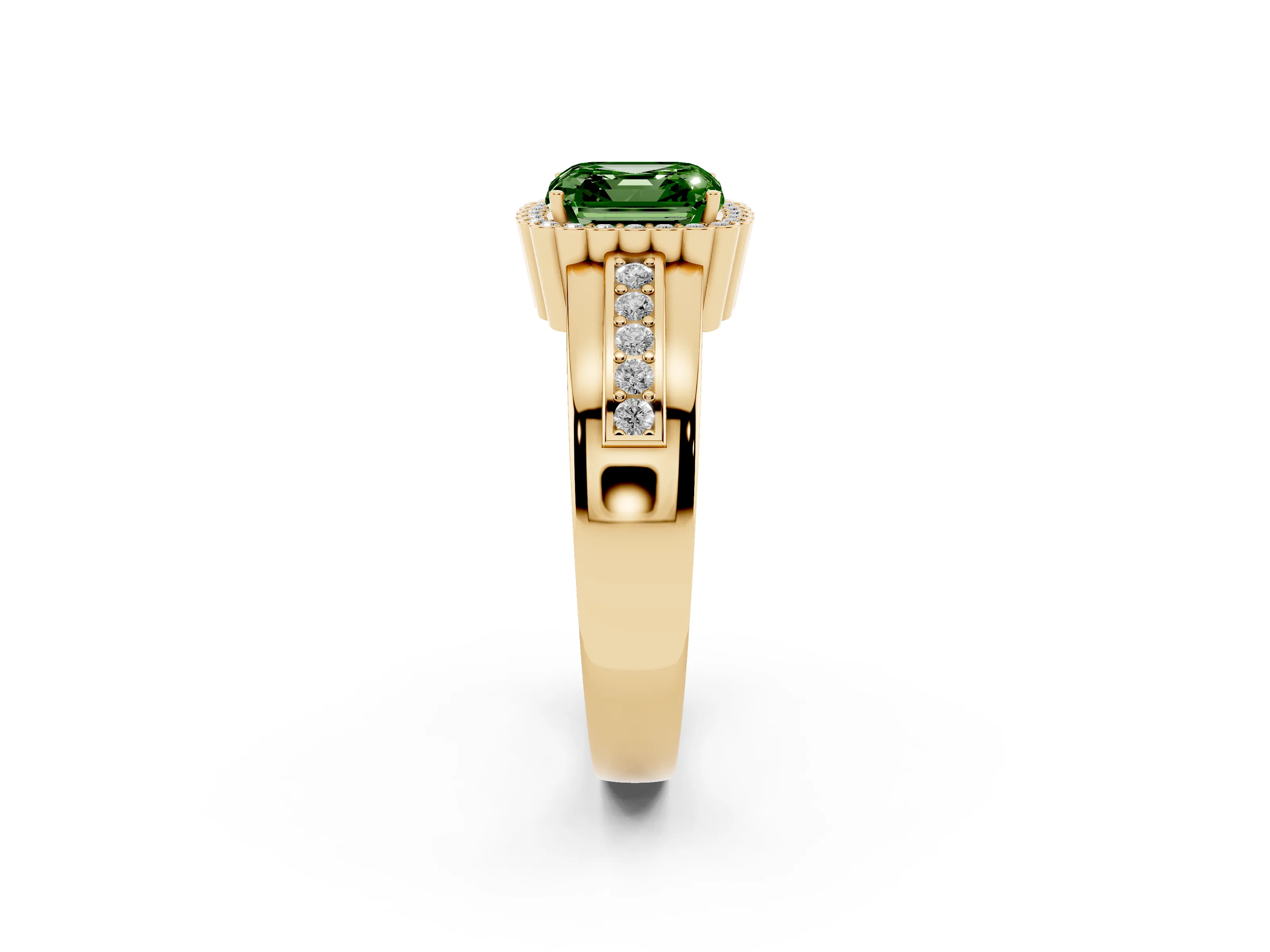 Fancy Green Asscher Cut Diamond Halo Prong Ring Set in Yellow gold with Pavé Band