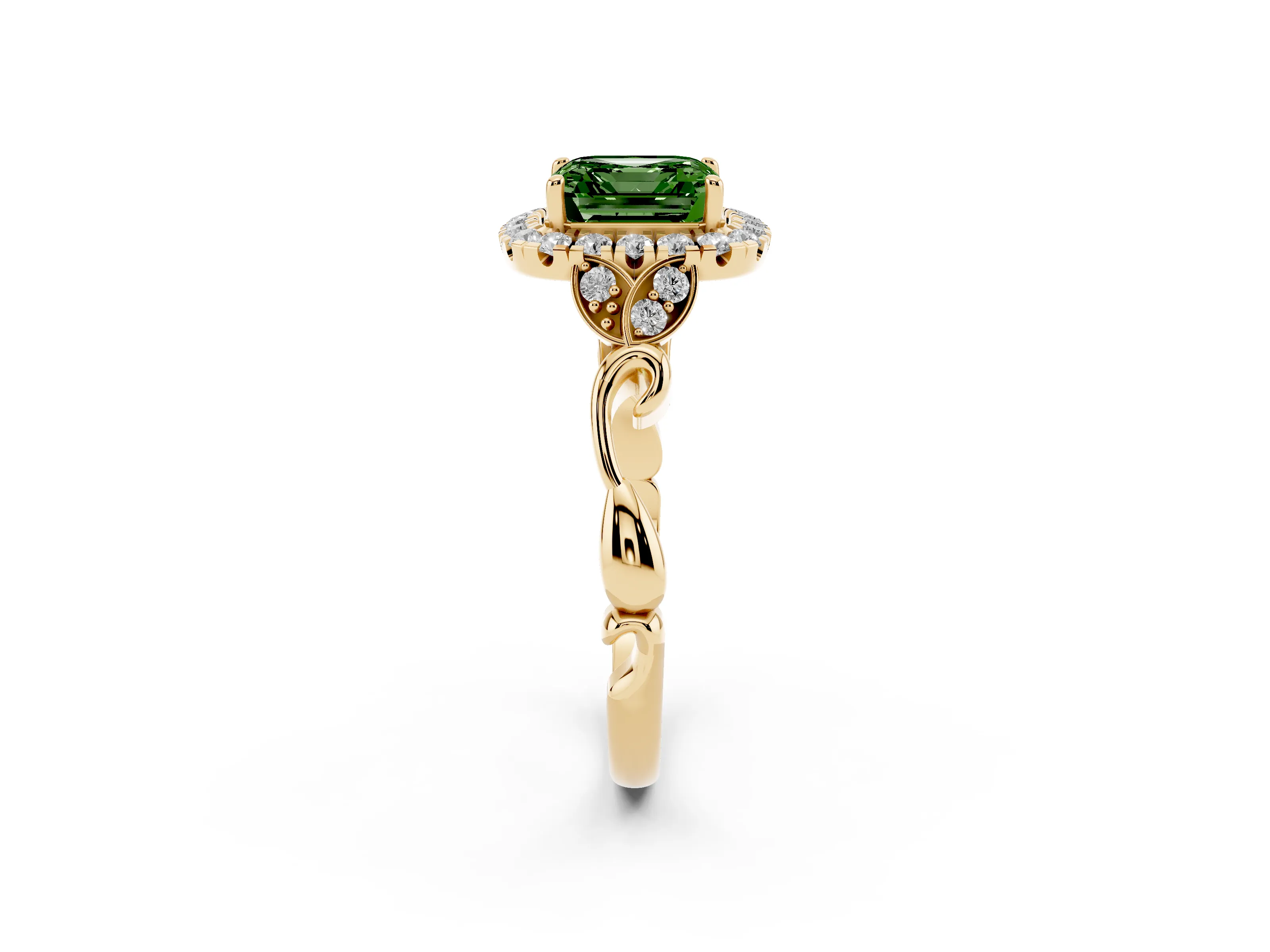 Fancy Green Asscher Cut Diamond Halo Engagement Ring Set in Yellow gold with Vintage-Inspired Band and Prong Setting