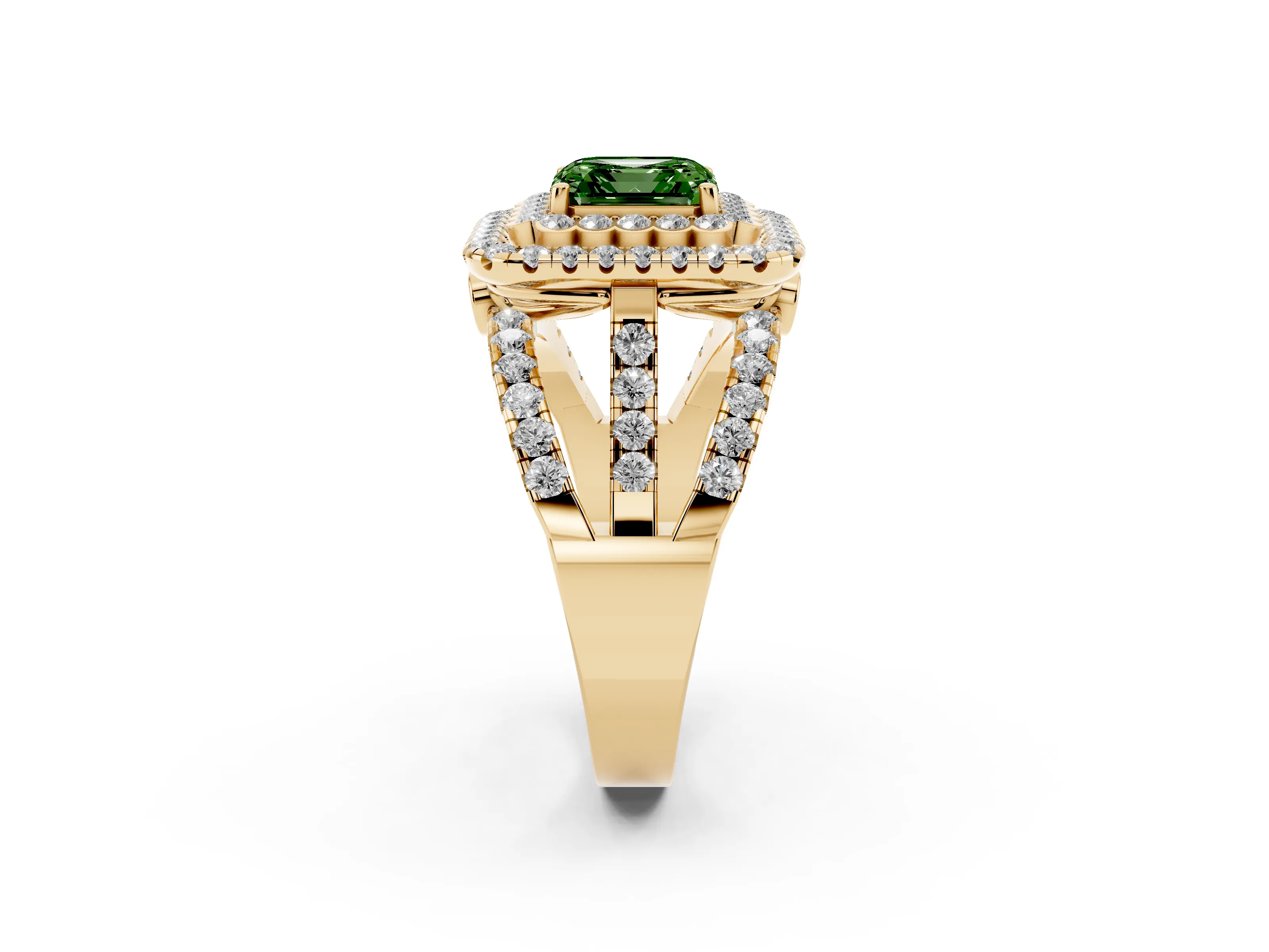 Fancy Green Asscher Cut Diamond Double Halo Ring Set in Yellow gold with Round Pavé Split Shank