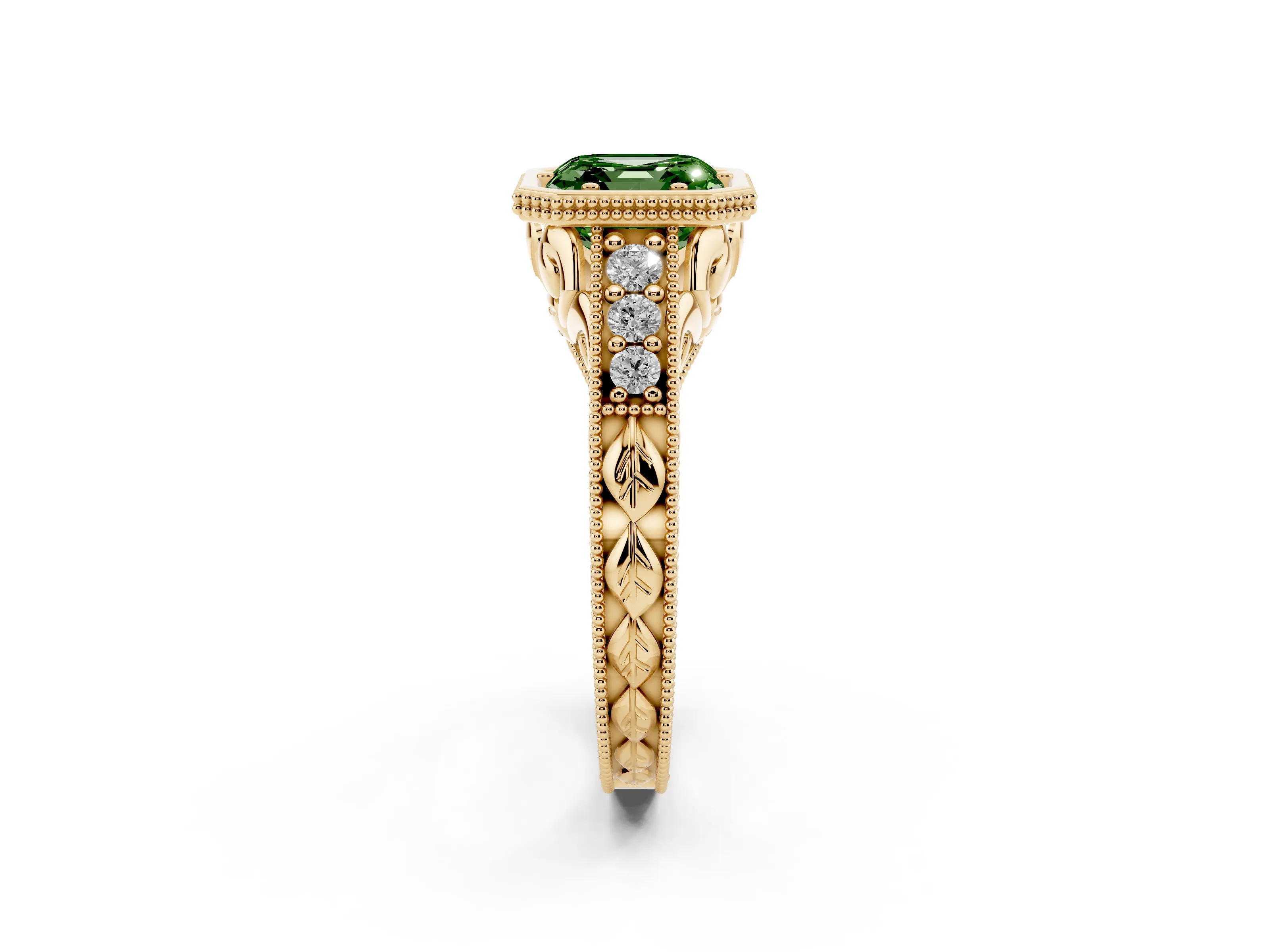 Fancy Green Bezel Set Asscher Cut Diamond Milgrain Pavé Engagement Ring Set in Yellow gold