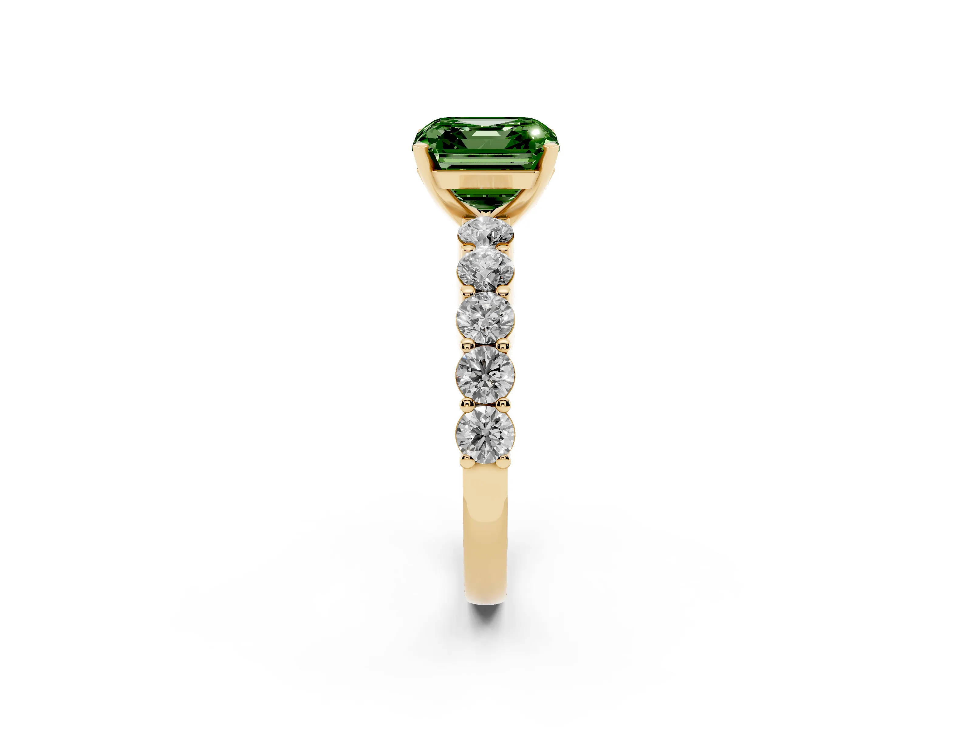 Fancy Green Asscher Cut Diamond Solitaire Ring Set in Yellow gold with Shared Prong Round Side Stones