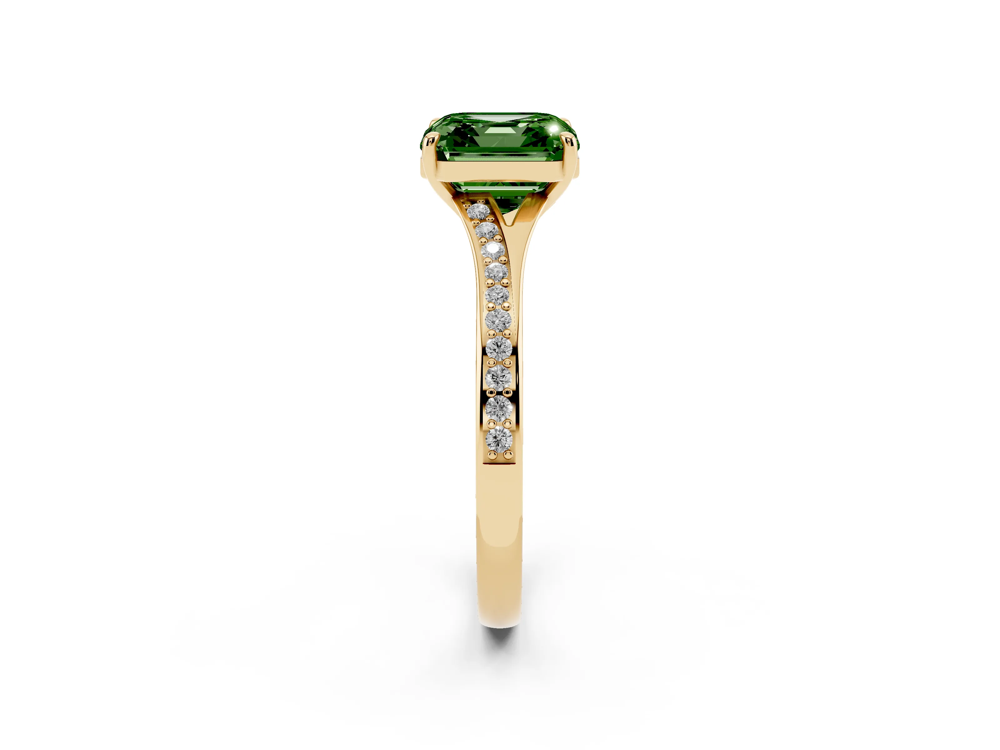 Fancy Green Asscher Cut Diamond Solitaire Ring Set in Yellow gold with Pavé Accent Band and Classic Prong Setting
