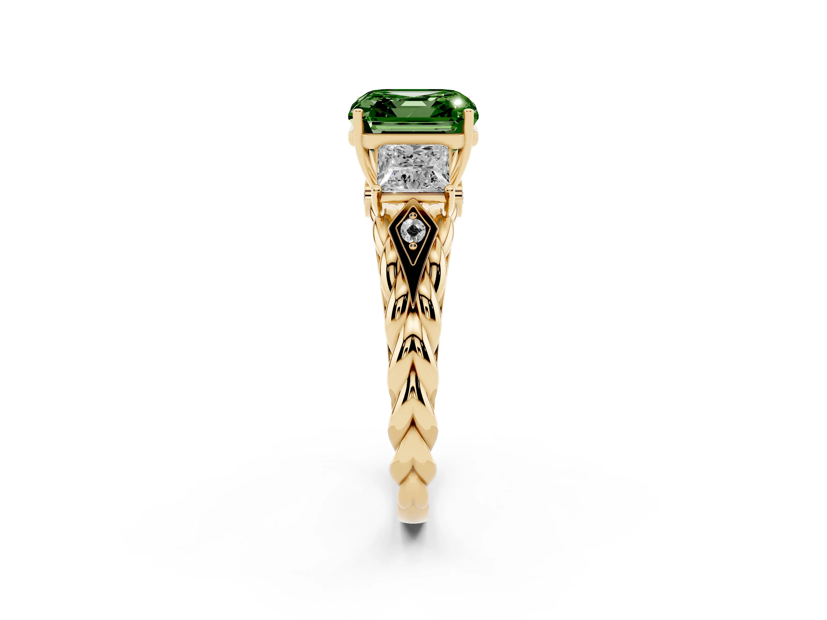 Fancy Green Asscher Cut Diamond Three-Stone Ring Set in Yellow gold with Braided Band