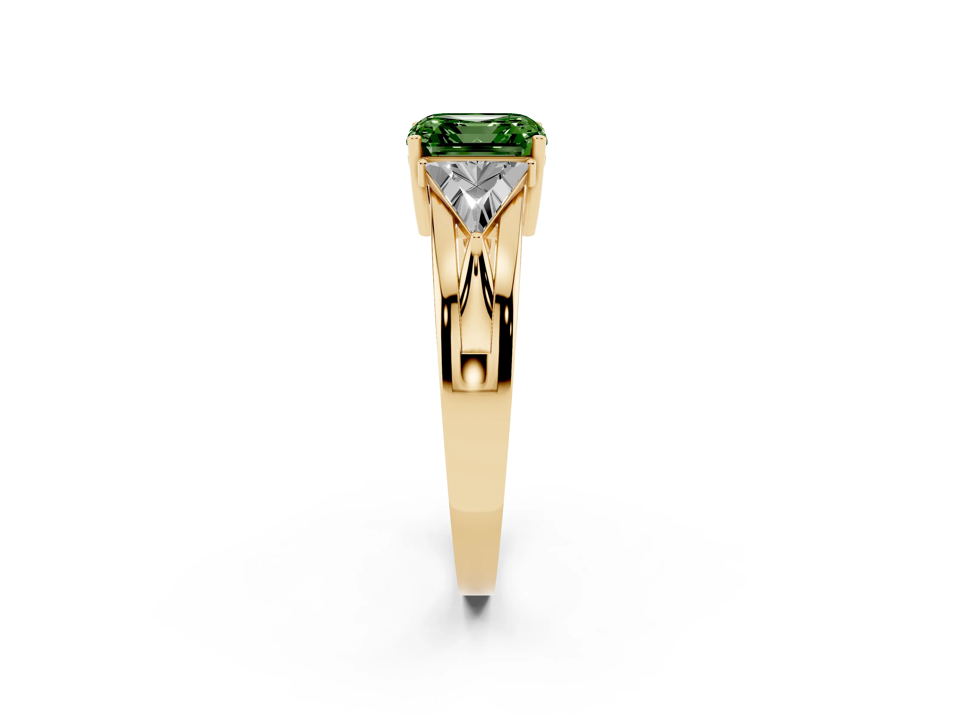 Fancy Green Asscher Cut Diamond Three-Stone Ring Set in Yellow gold with Trillion Side Stones and Split Shank