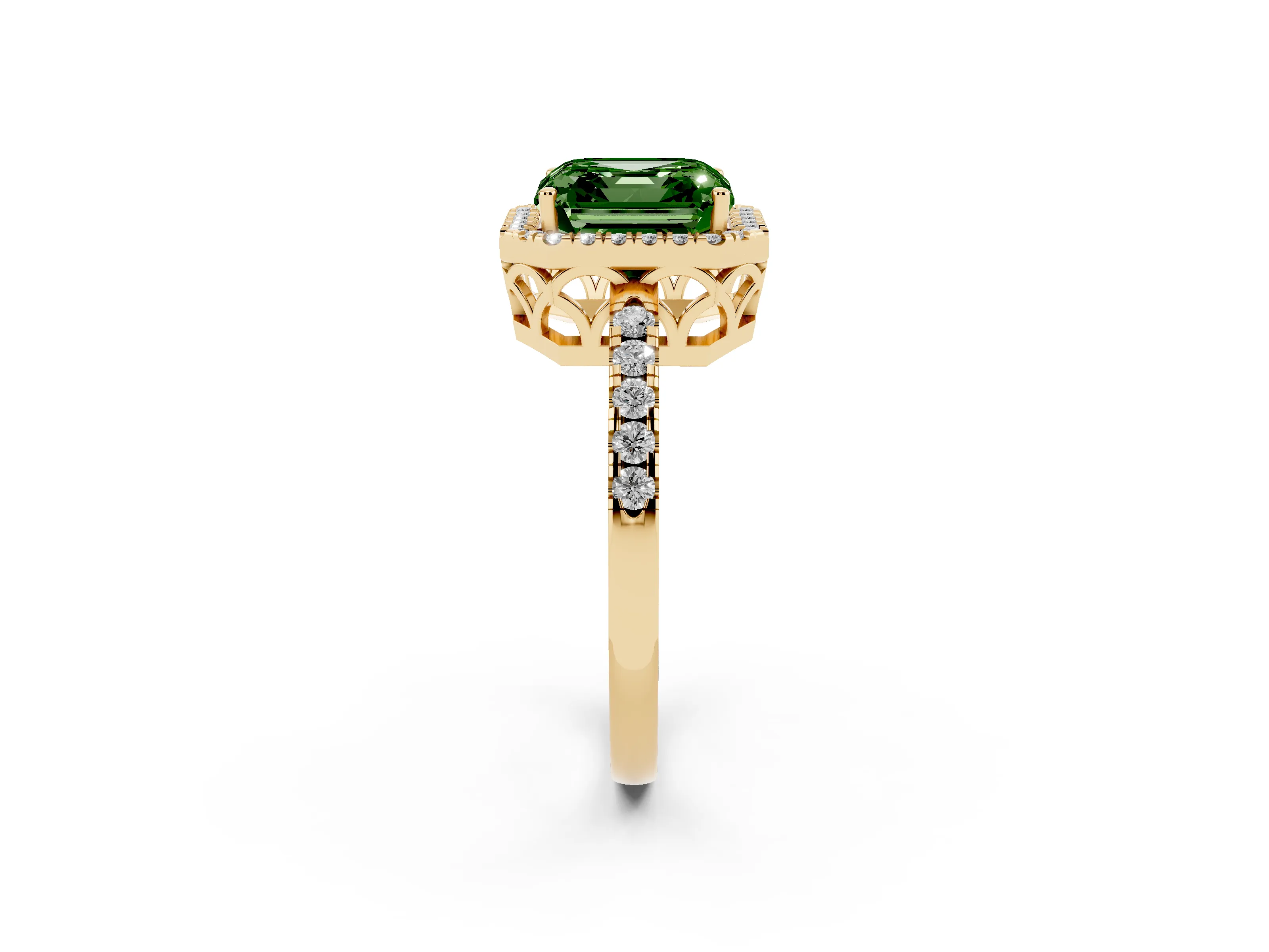 Fancy Green Asscher Cut Diamond Pavé Band Halo Engagement Ring Set in Yellow gold with Prong Setting