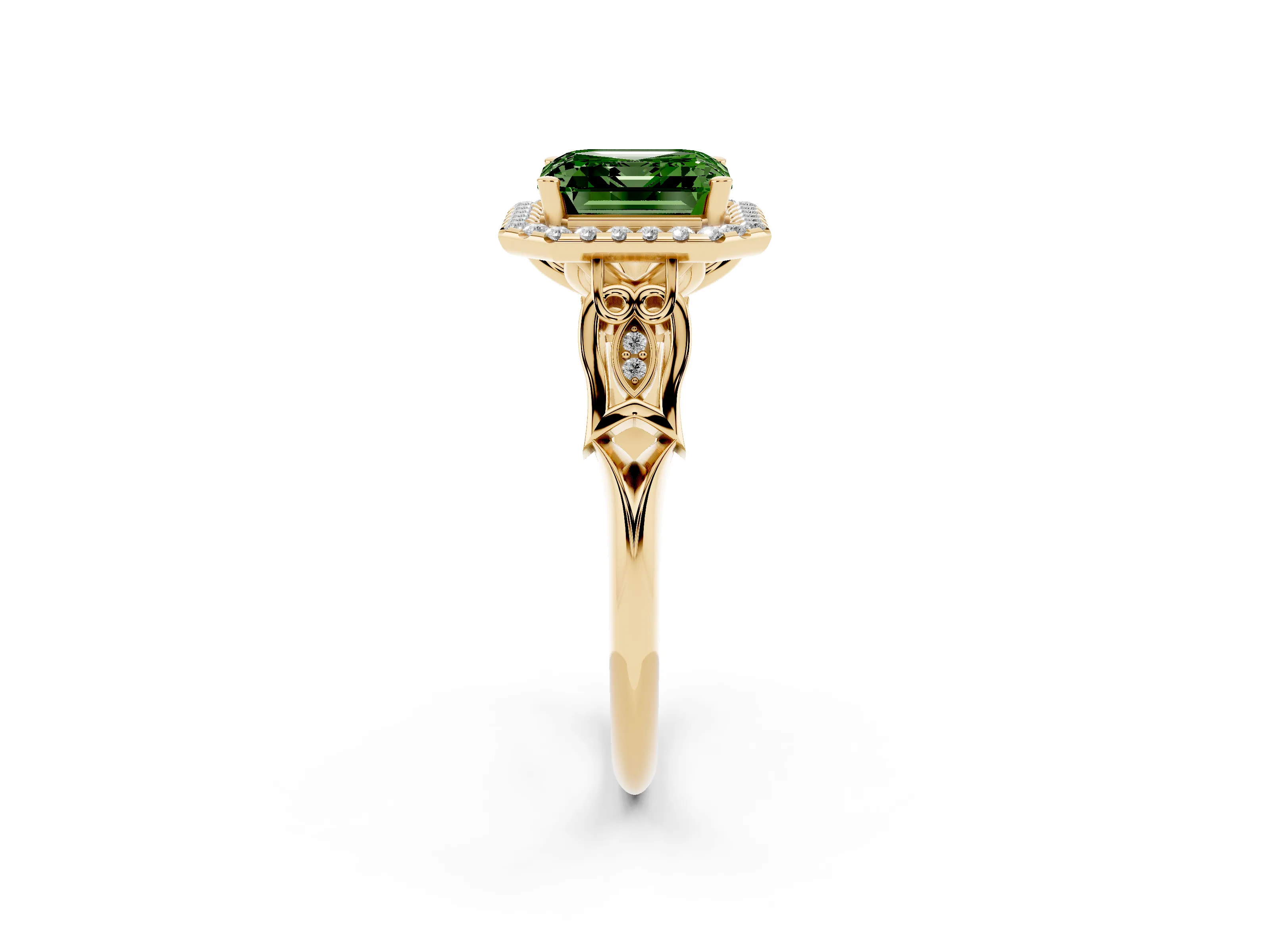 Fancy Green Asscher Cut Diamond Halo Engagement Ring Set in Yellow gold with Filigree Band and Prong-Set Center