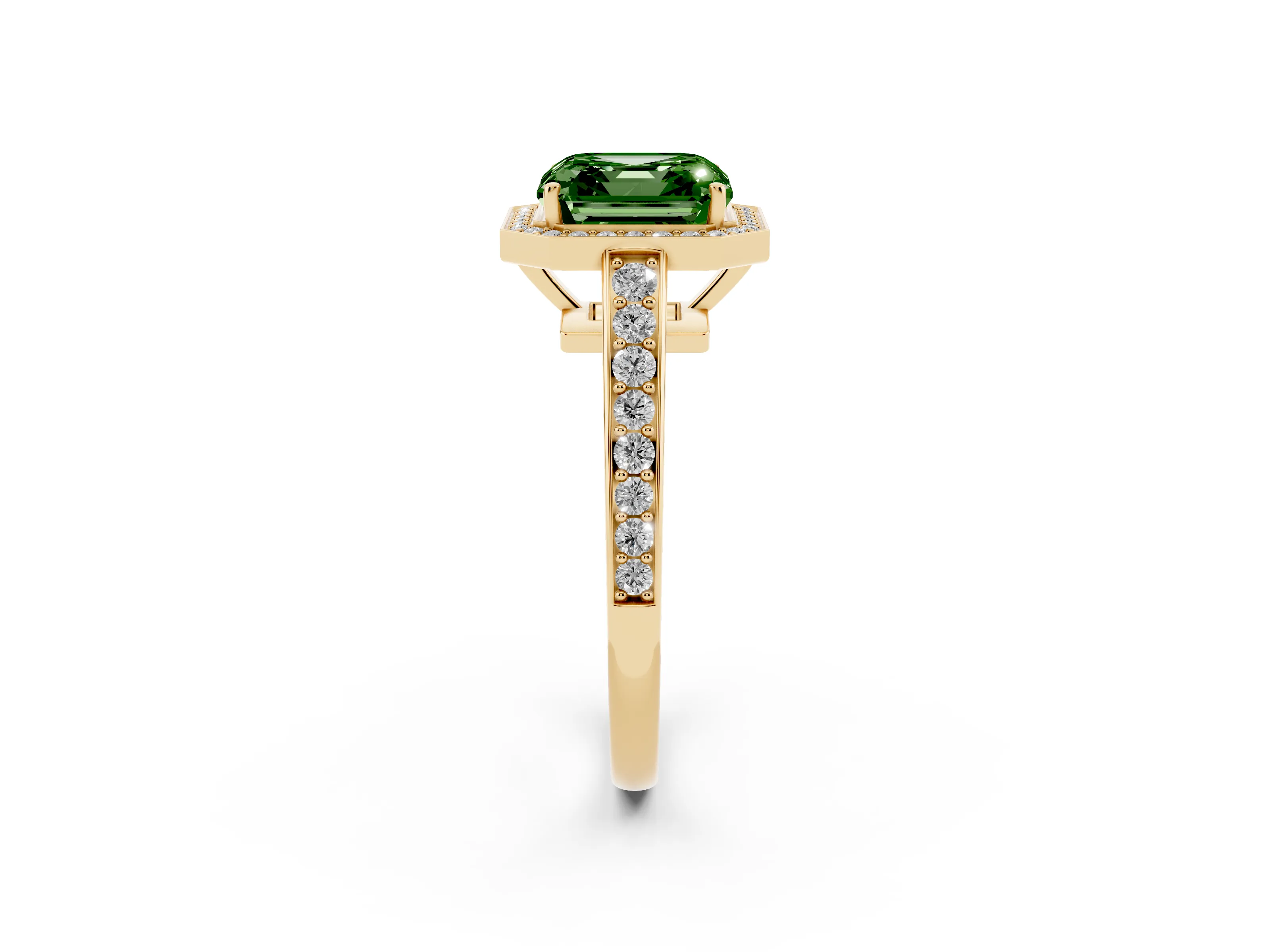 Fancy Green Asscher Cut Diamond Halo Pavé Engagement Ring Set in Yellow gold with Bezel Setting