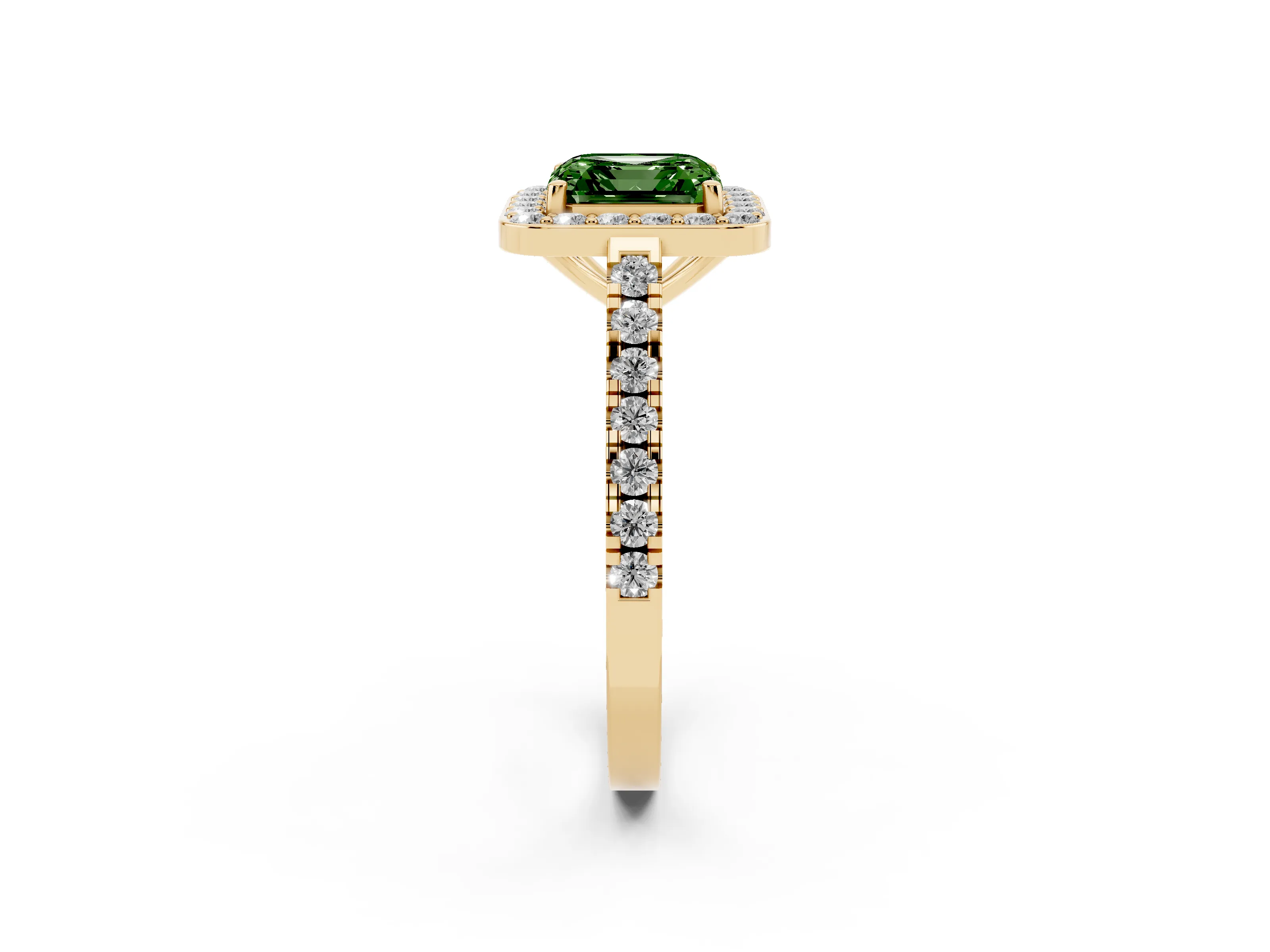 Fancy Green Asscher Cut Diamond Halo Ring Set in Yellow gold with Round Pavé Split Shank and Prong Setting