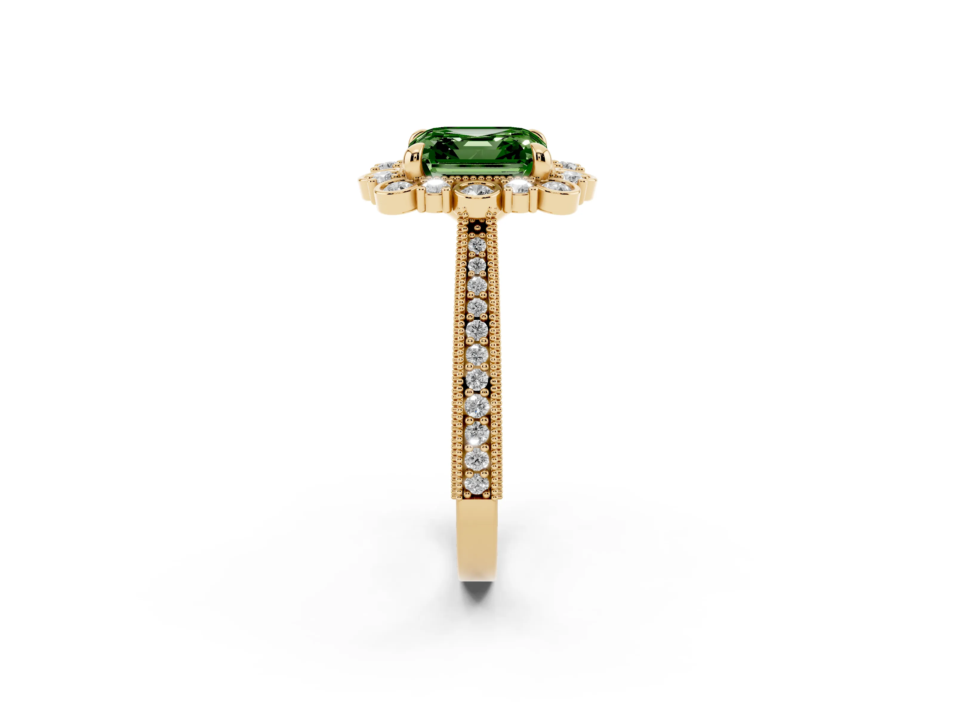 Fancy Green Asscher Cut Diamond Halo Milgrain Pavé Ring Set in Yellow gold with Prong Setting