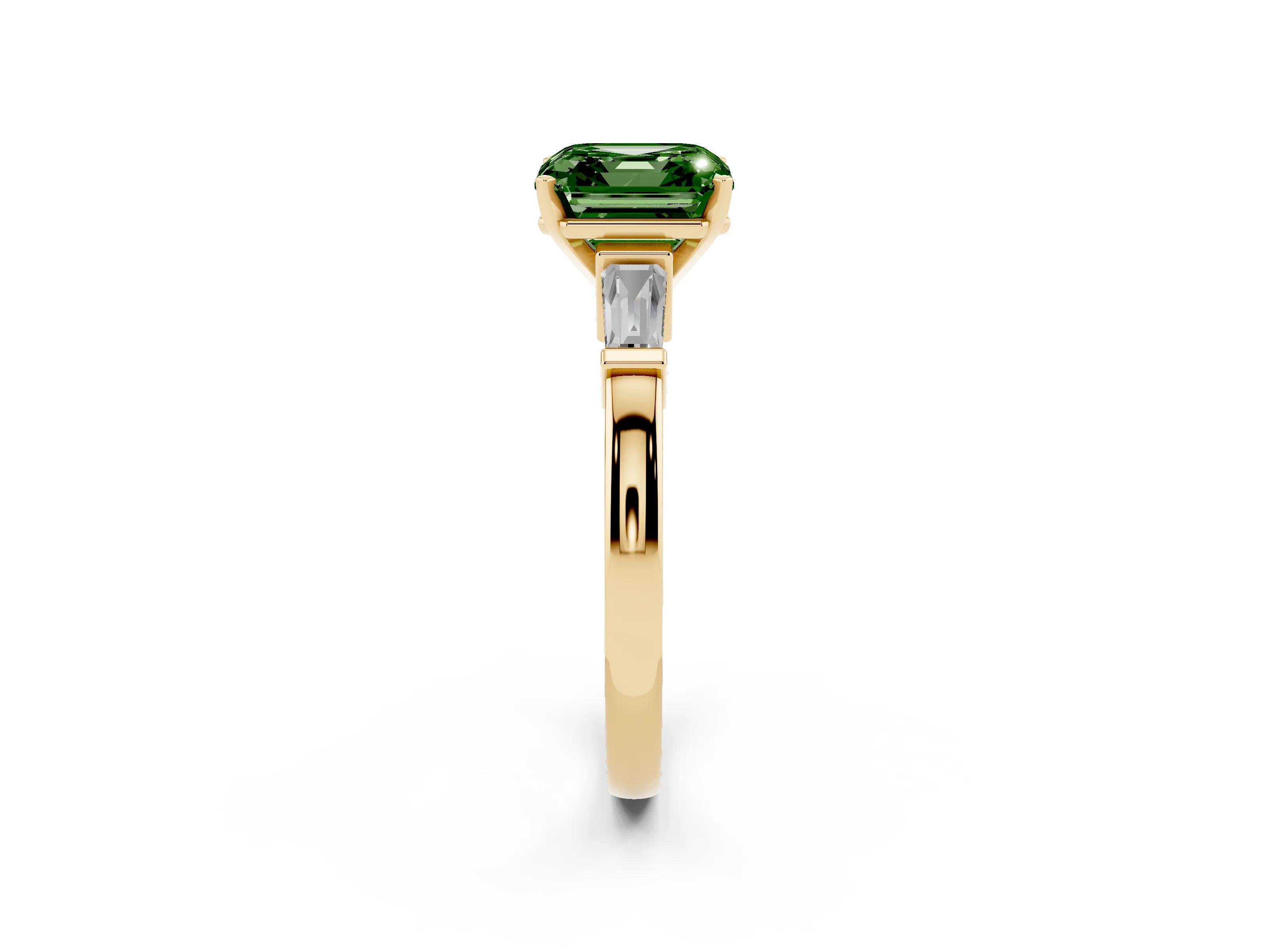 Fancy Green Asscher Cut Diamond Solitaire Ring Set in Yellow gold with Tapered Baguette Accents and Prong Setting