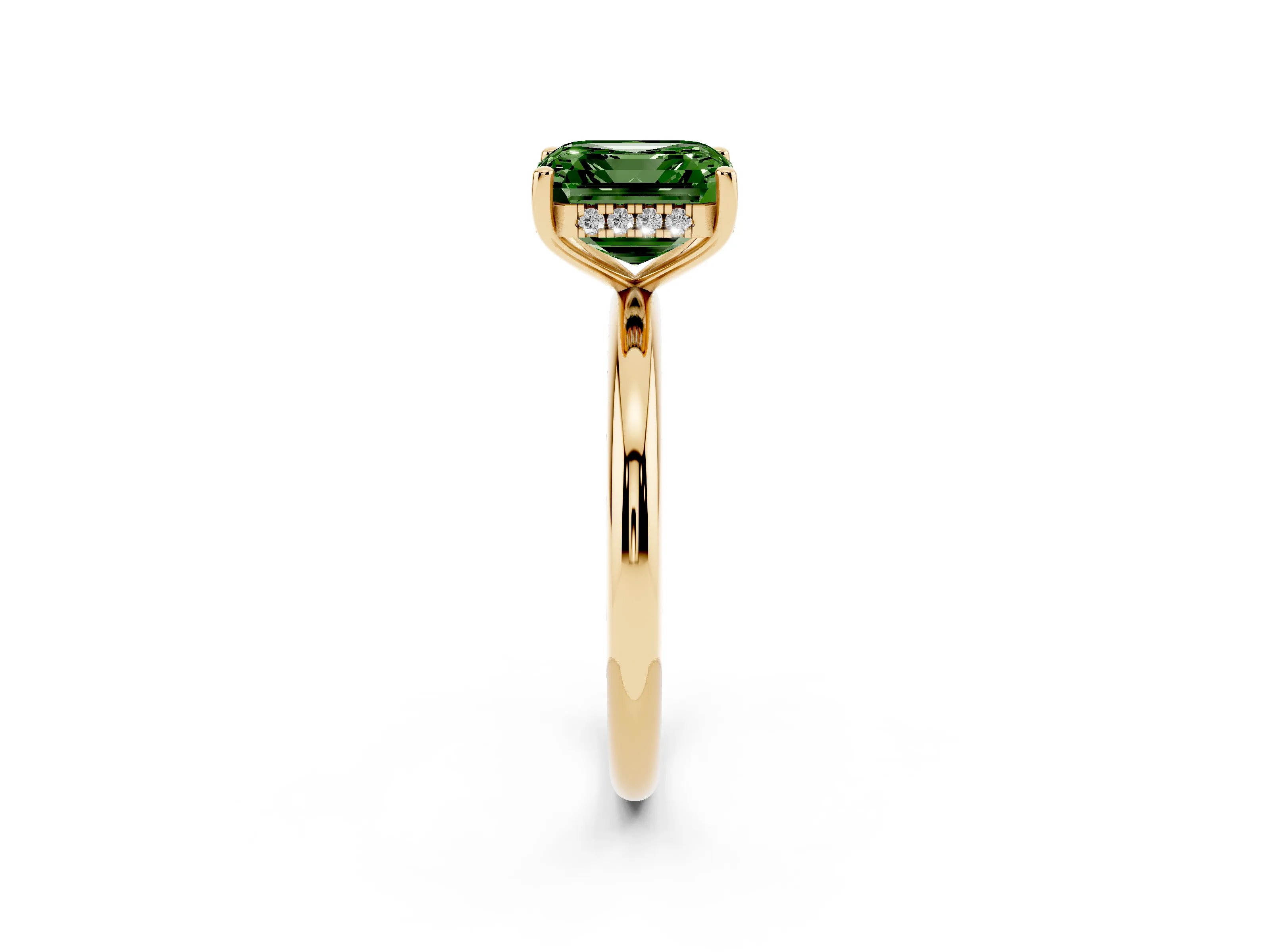 Fancy Green Asscher Cut Diamond Solitaire Engagement Ring Set in Yellow gold with Prong Setting and Polished Band