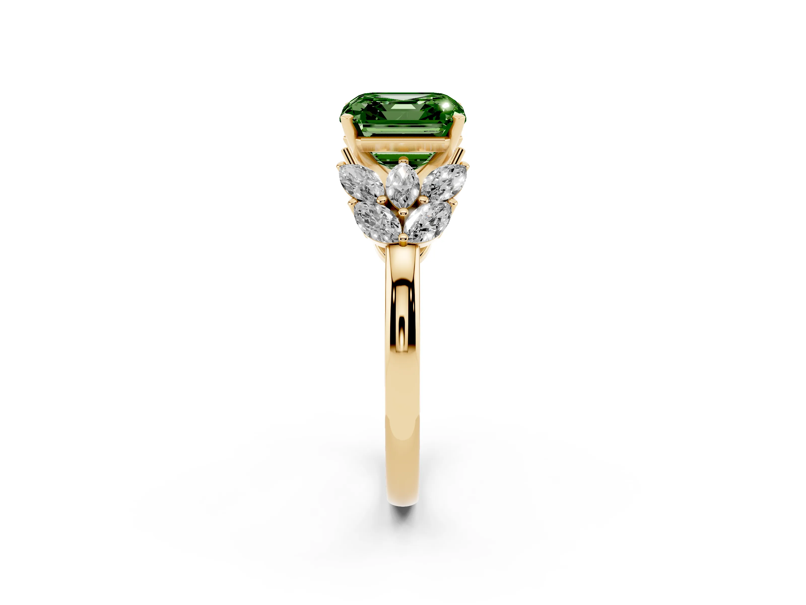 Fancy Green Asscher Cut Diamond Cluster Leaf Design Ring Set in Yellow gold with Prong Setting
