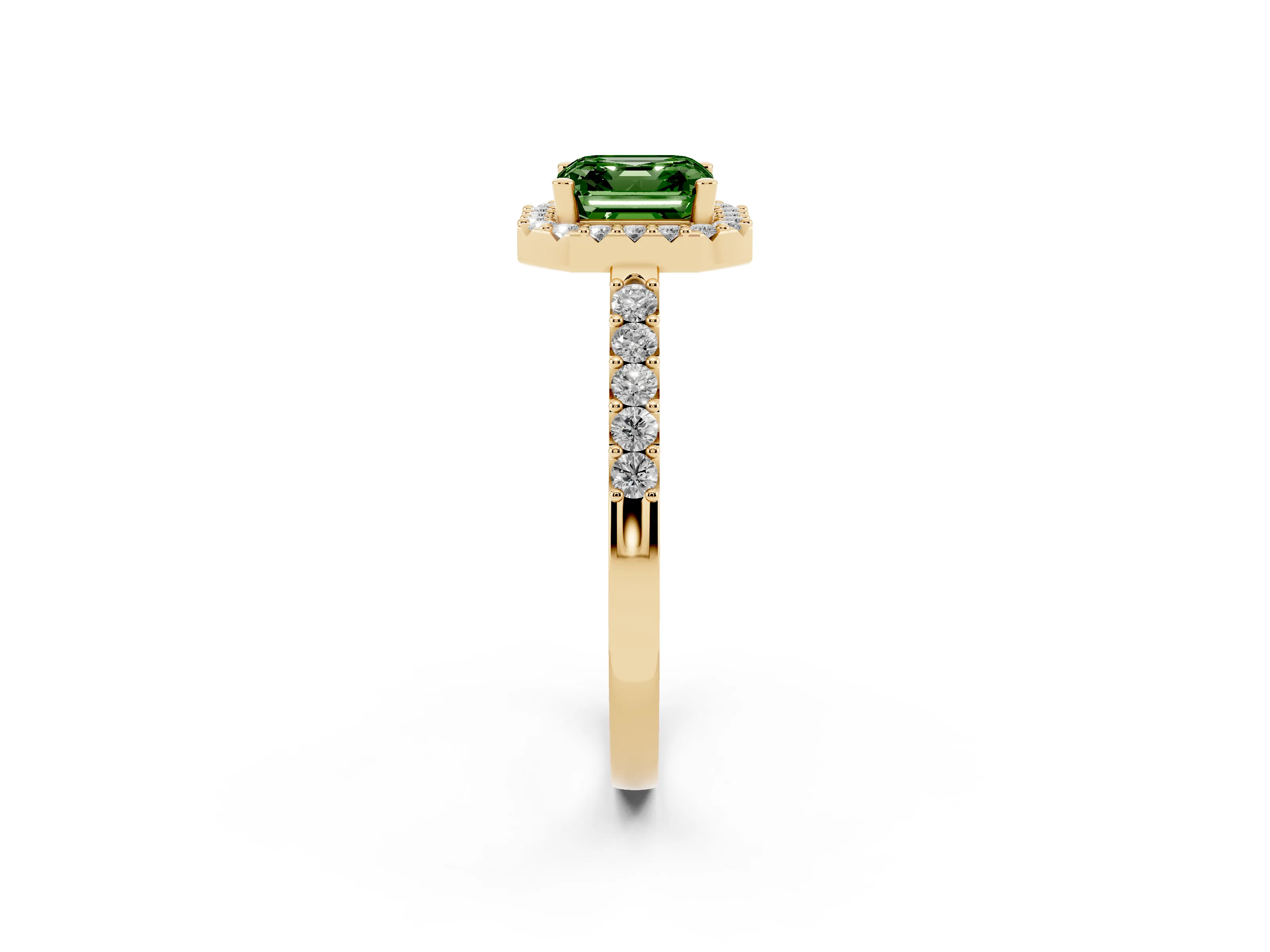 Fancy Green Asscher Cut Diamond Halo Pavé Solitaire Ring Set in Yellow gold with Prong-Set Center Stone