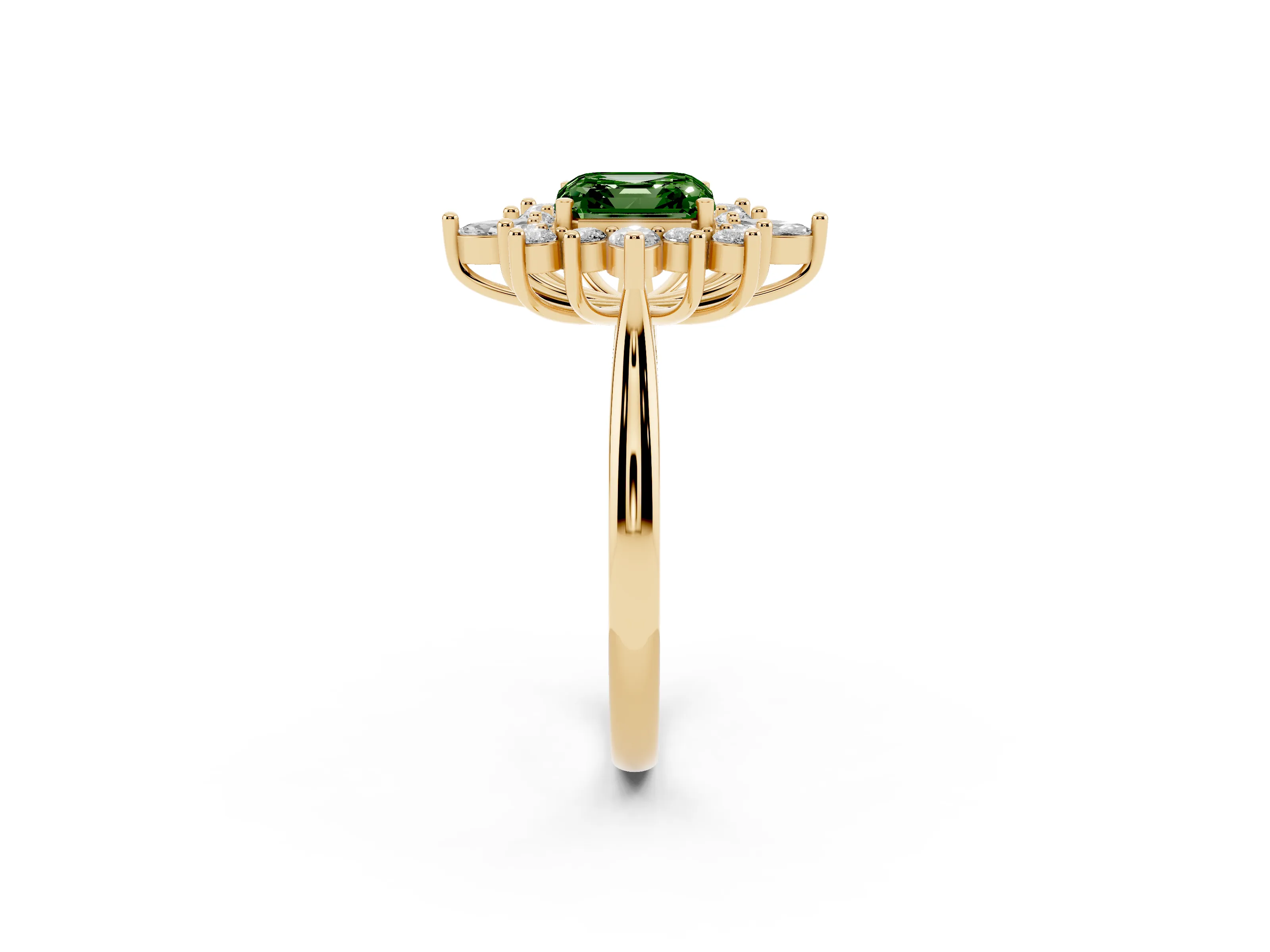Fancy Green Asscher Cut Diamond Cluster Halo Ring Set in Yellow gold with Marquise and Round Accents