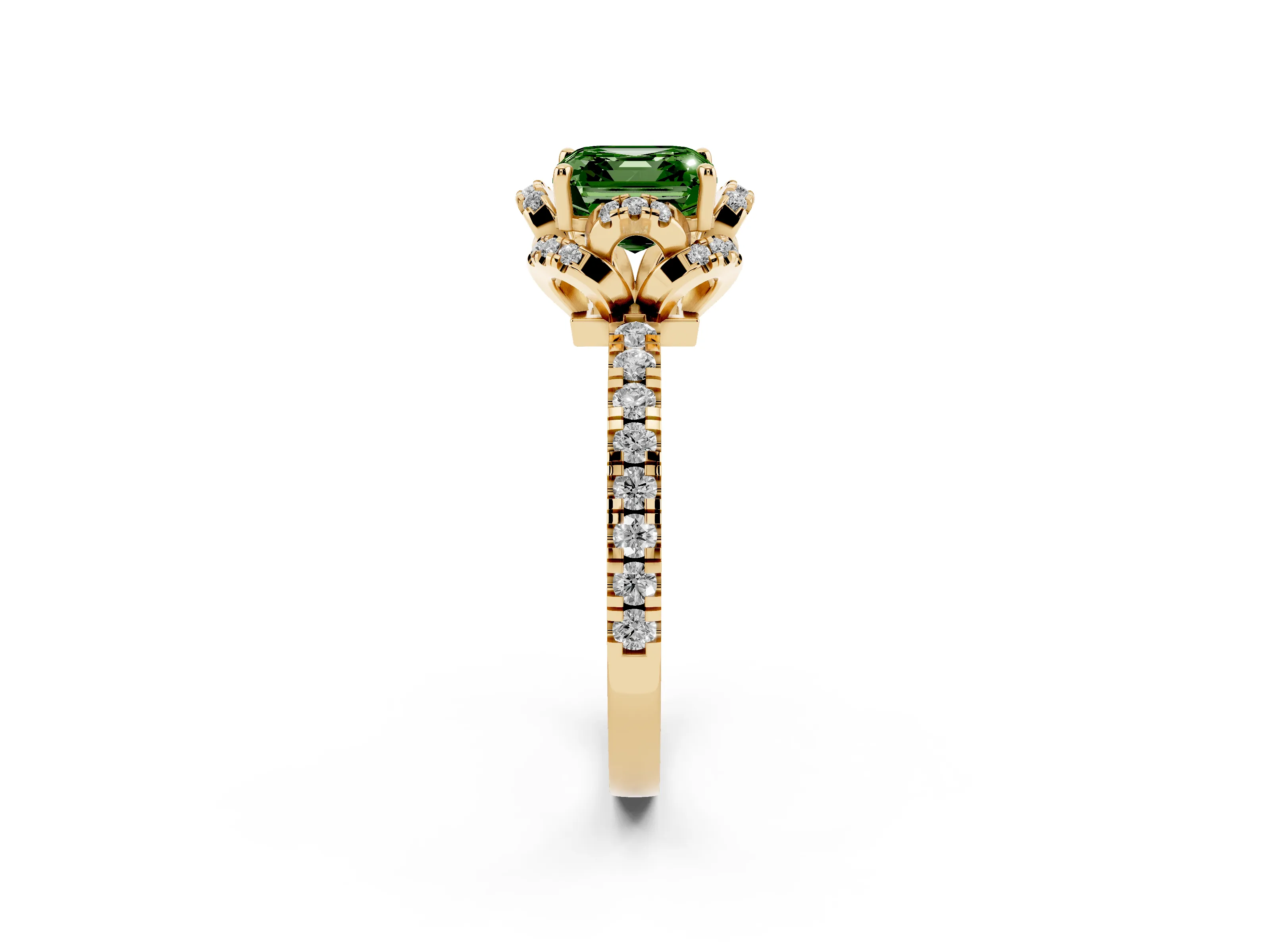 Fancy Green Asscher Cut Diamond Halo Pavé Ring Set in Yellow gold with Prong-Held Center Stone