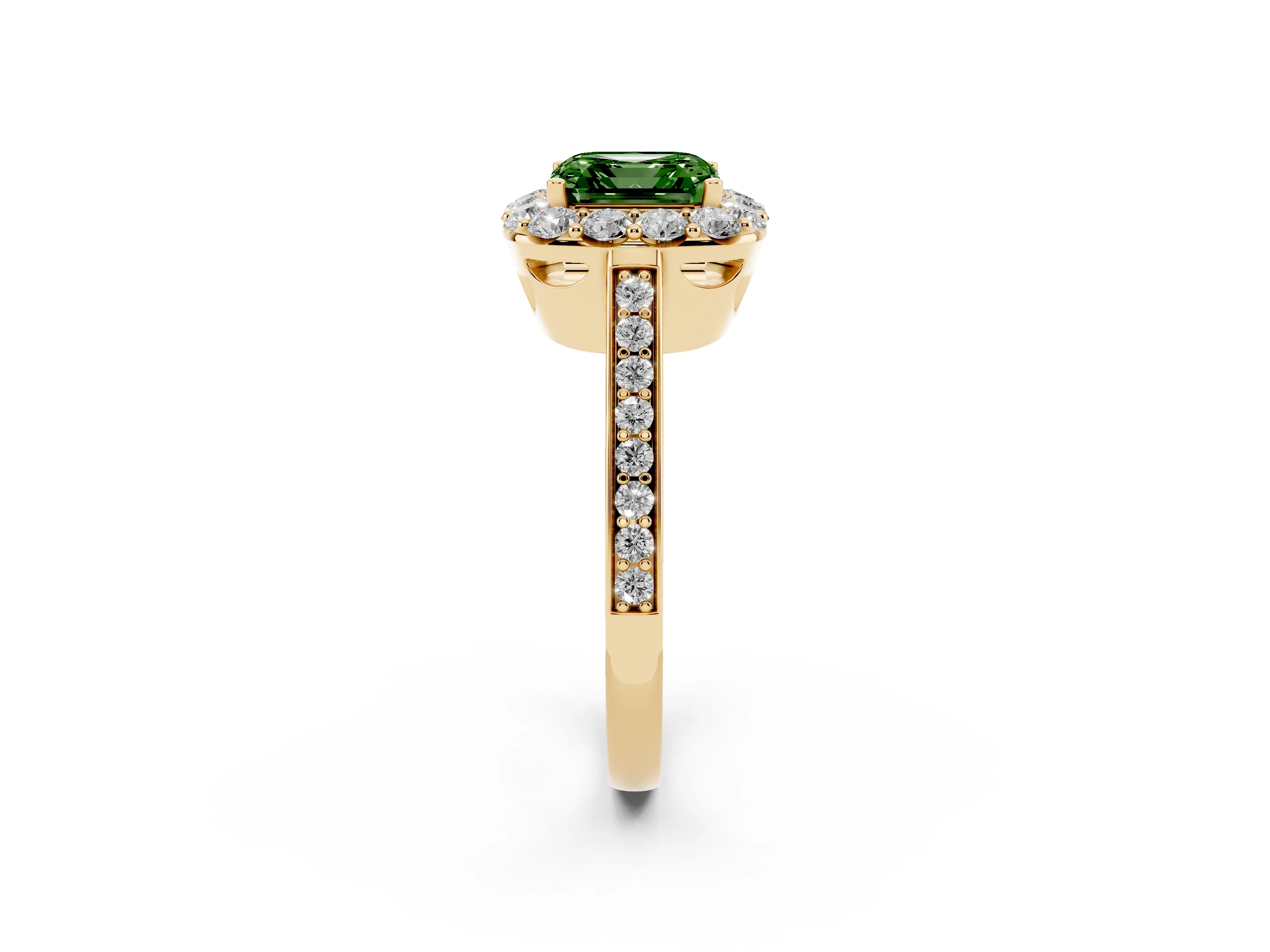 Fancy Green Asscher Cut Diamond Floral Halo Ring Set in Yellow gold with Pavé Band and Prong Setting
