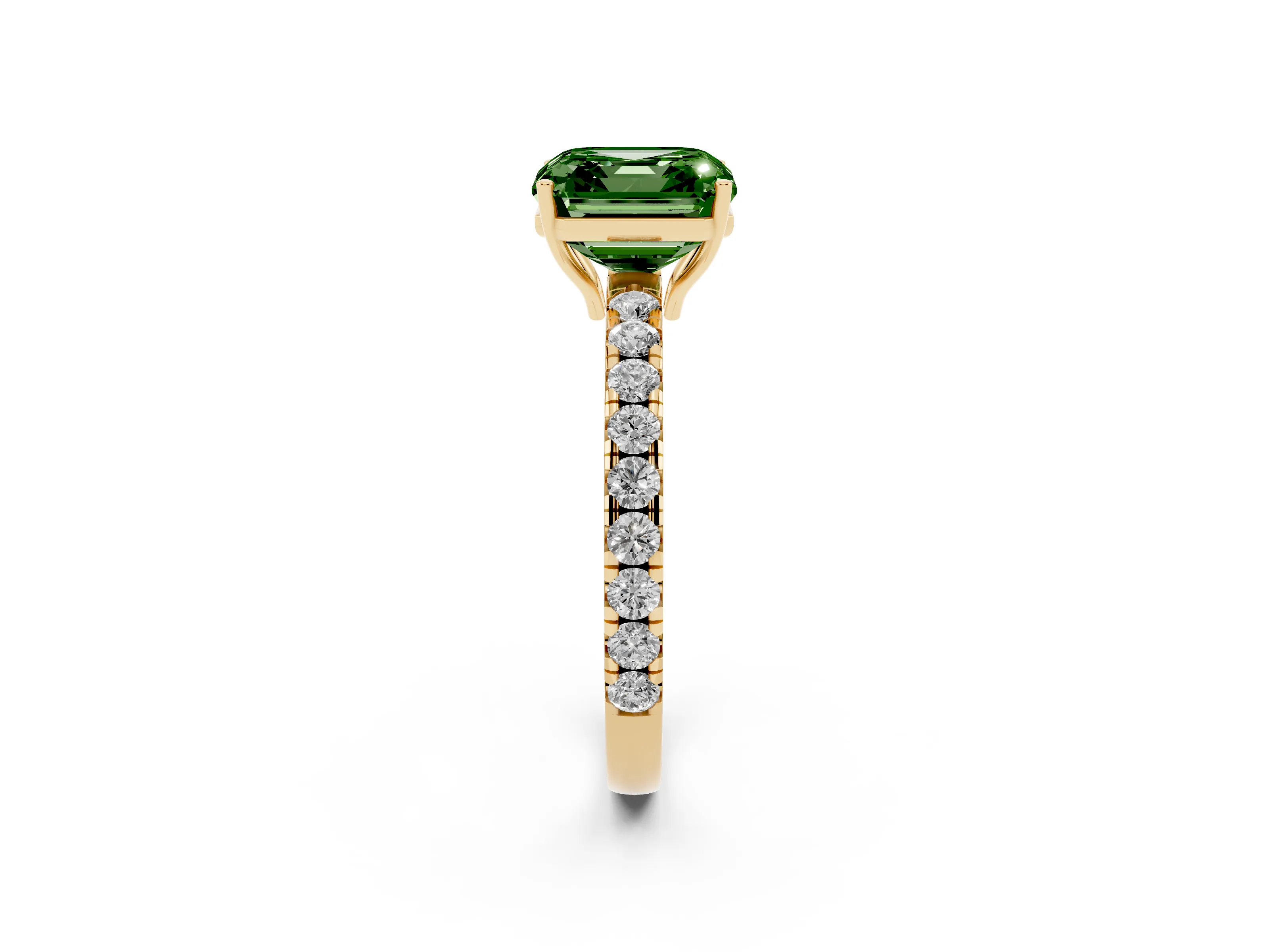 Fancy Green Asscher Cut Diamond Pavé Solitaire Engagement Ring Set in Yellow gold with Prong Setting