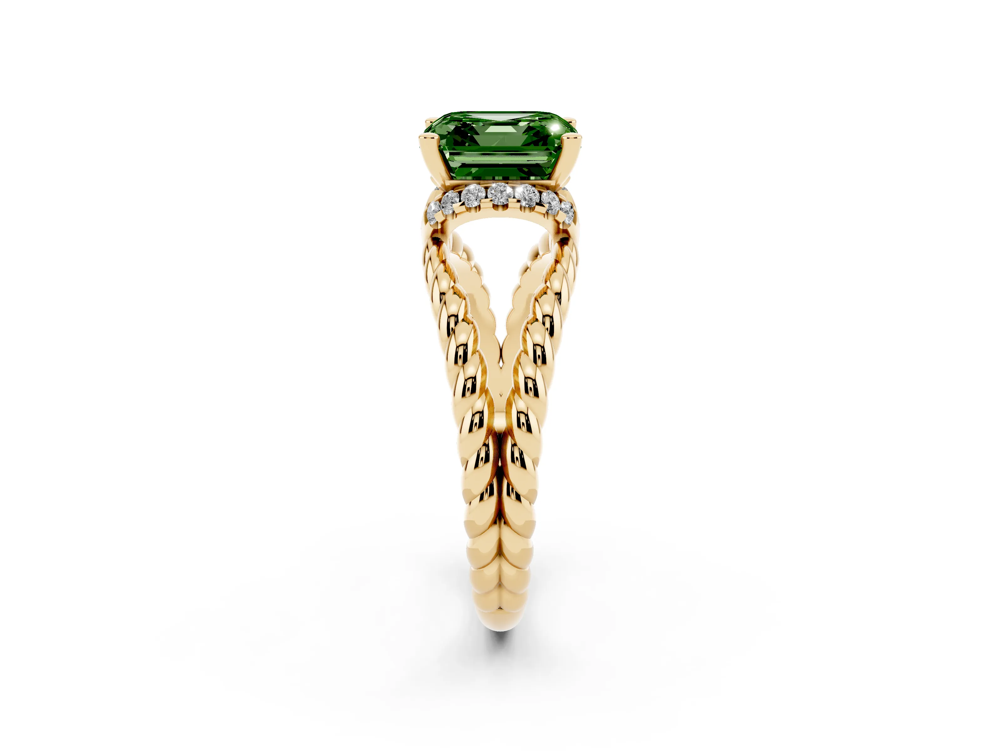 Fancy Green Asscher Cut Diamond Halo Ring Set in Yellow gold with Twisted Band and Prong Setting