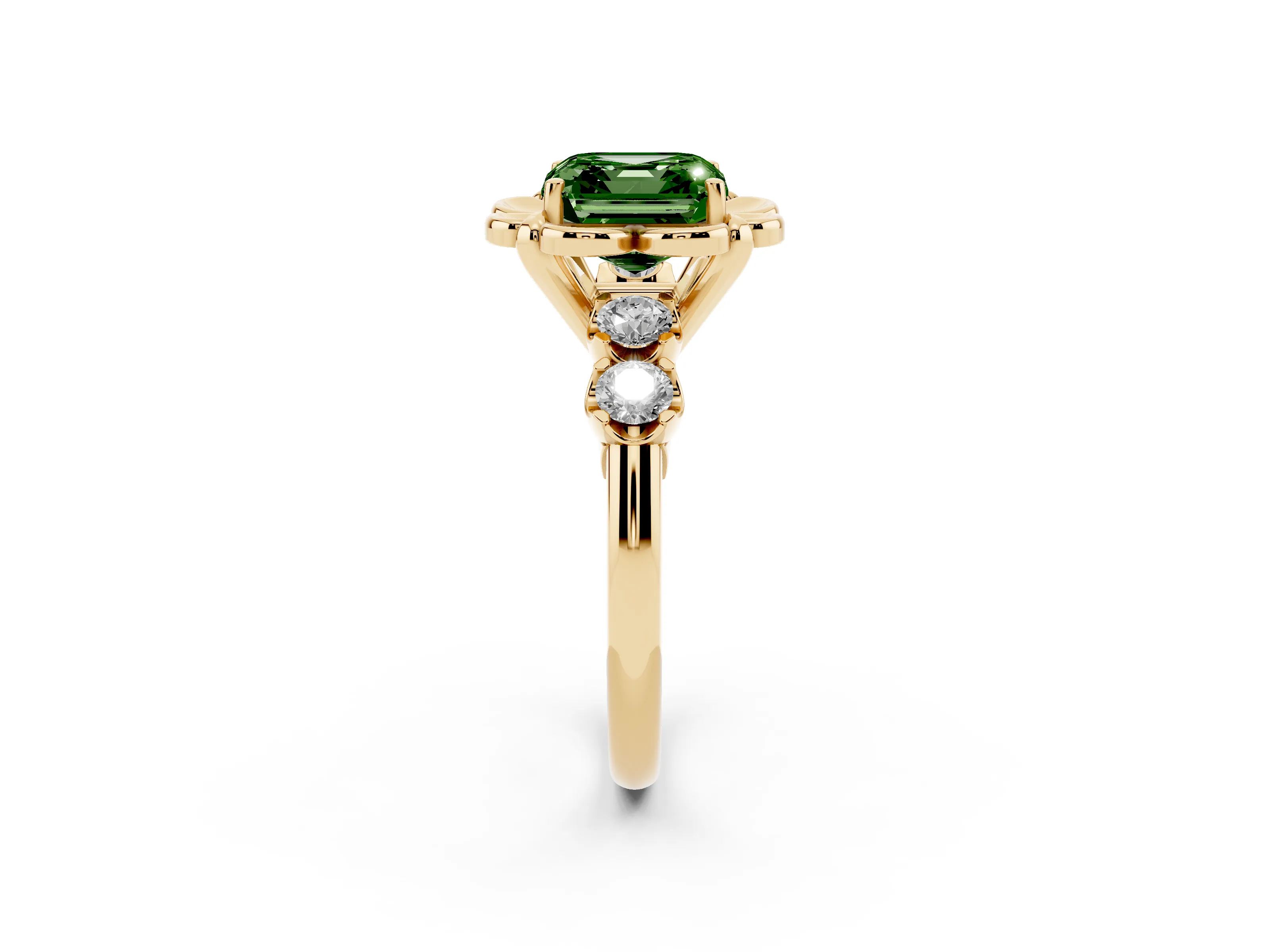 Fancy Green Asscher Cut Diamond Floral Halo Ring Set in Yellow gold with Shared Prong Band