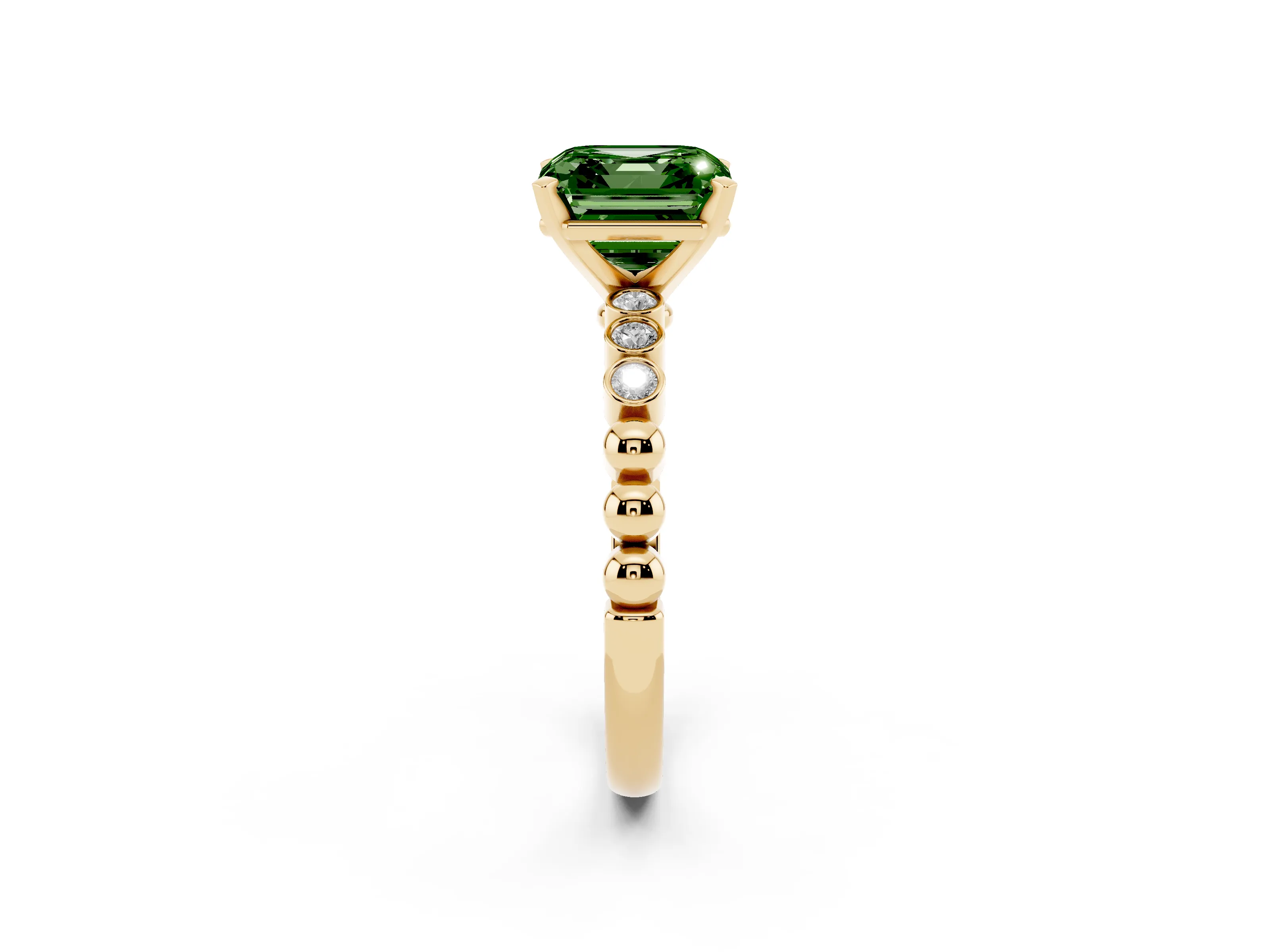 Fancy Green Asscher Cut Diamond Solitaire Engagement Ring Set in Yellow gold with Bezel Accents on Beaded Band