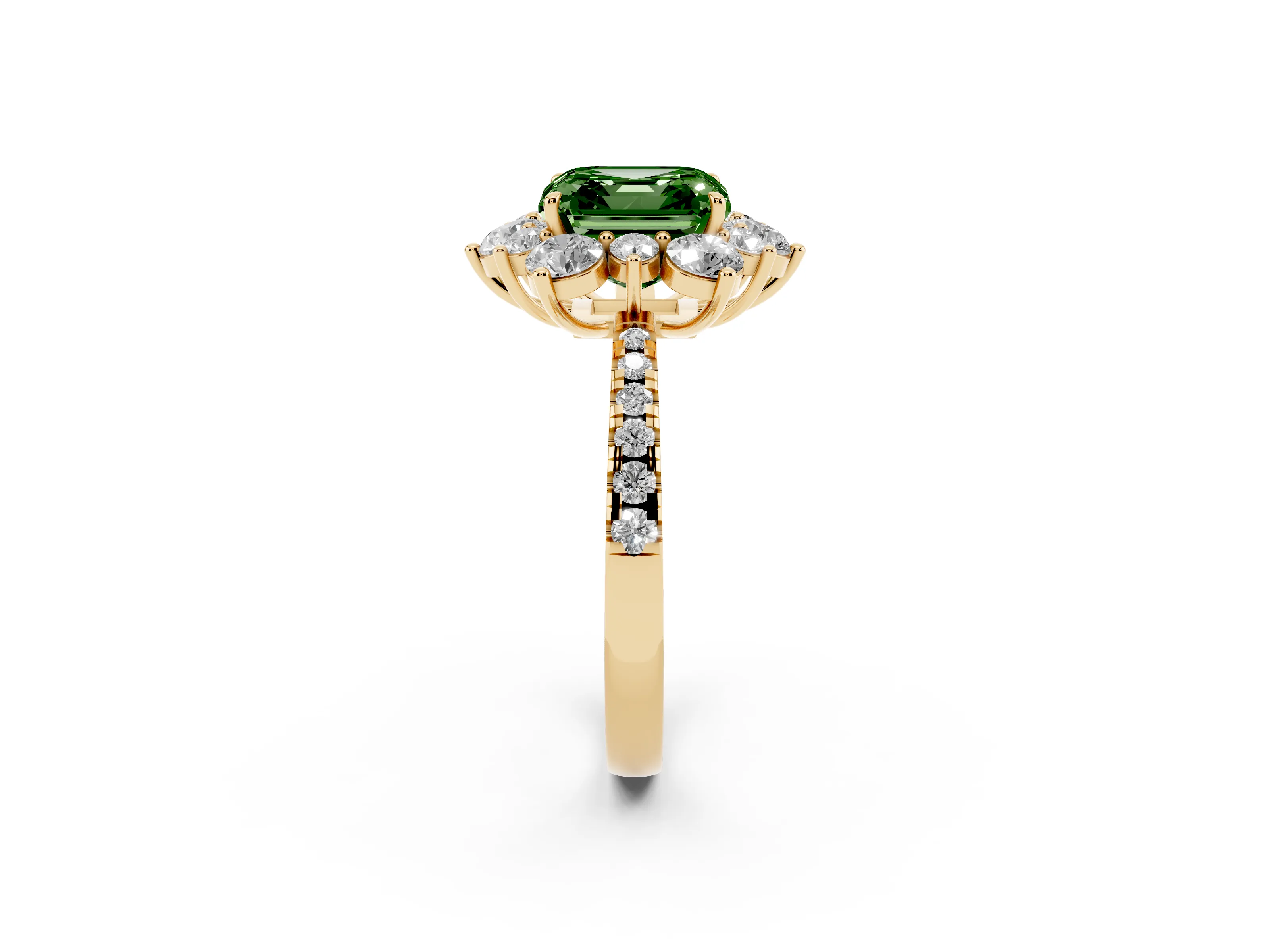 Fancy Green Asscher Cut Diamond Floral Halo Ring Set in Yellow gold with Round Pavé Band and Prong Setting