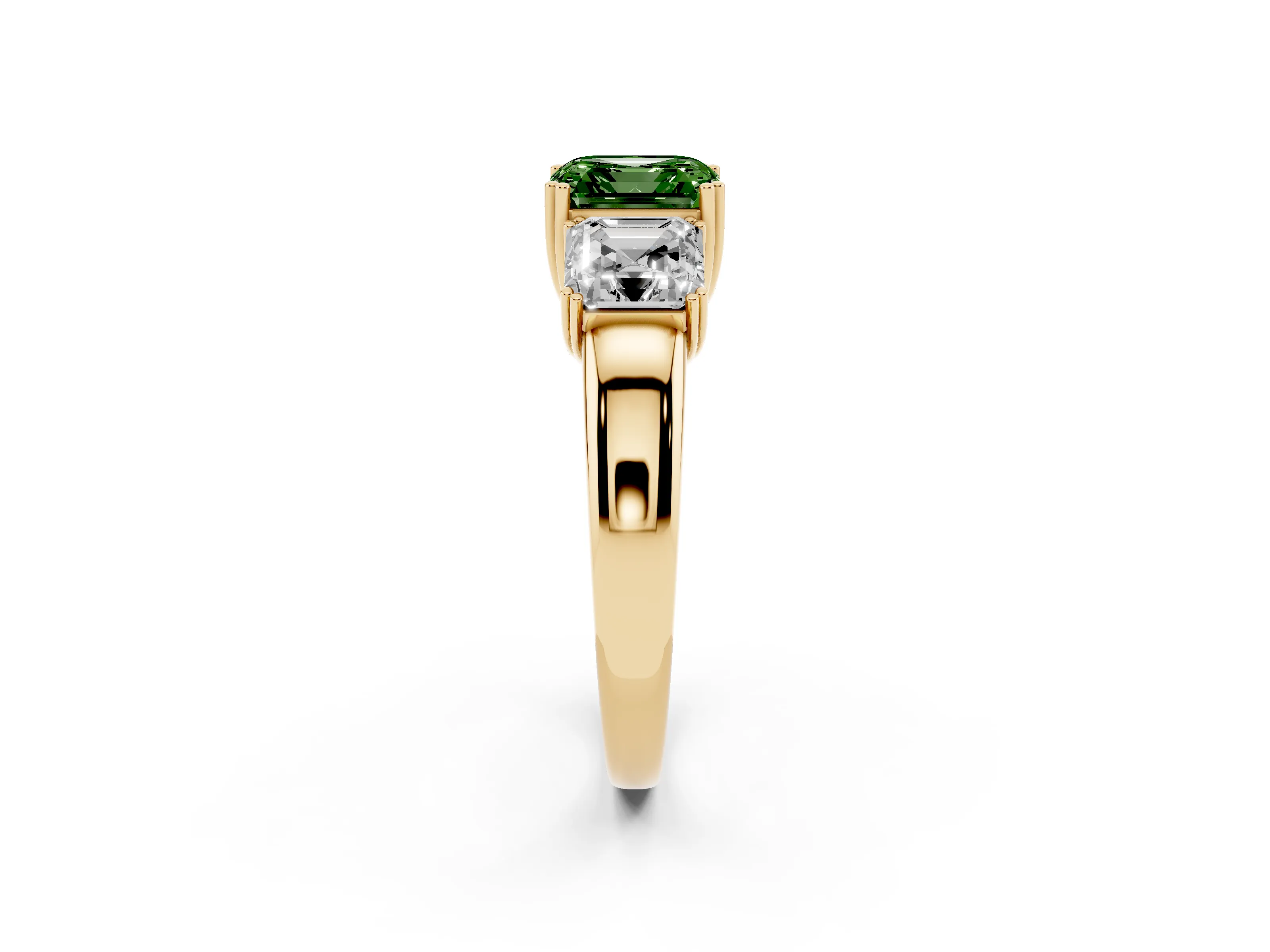 Fancy Green Asscher Cut Diamond Three-Stone Ring Set in Yellow gold with Polished Band and Prong Setting