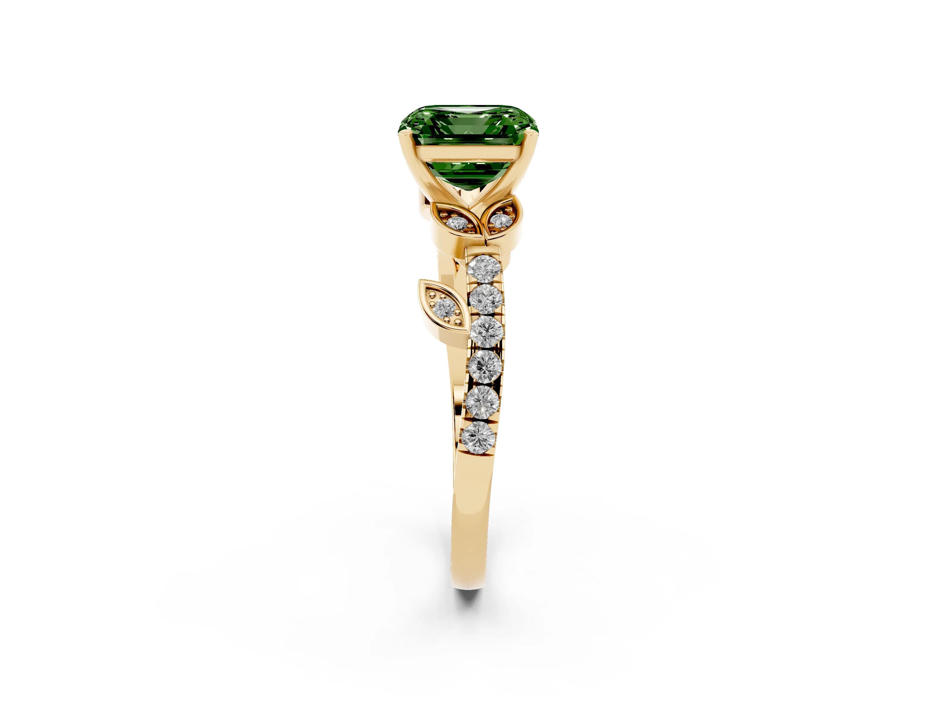 Fancy Green Asscher Cut Diamond Solitaire Leaf-Inspired Ring Set in Yellow gold with Pavé Band and Prong Setting