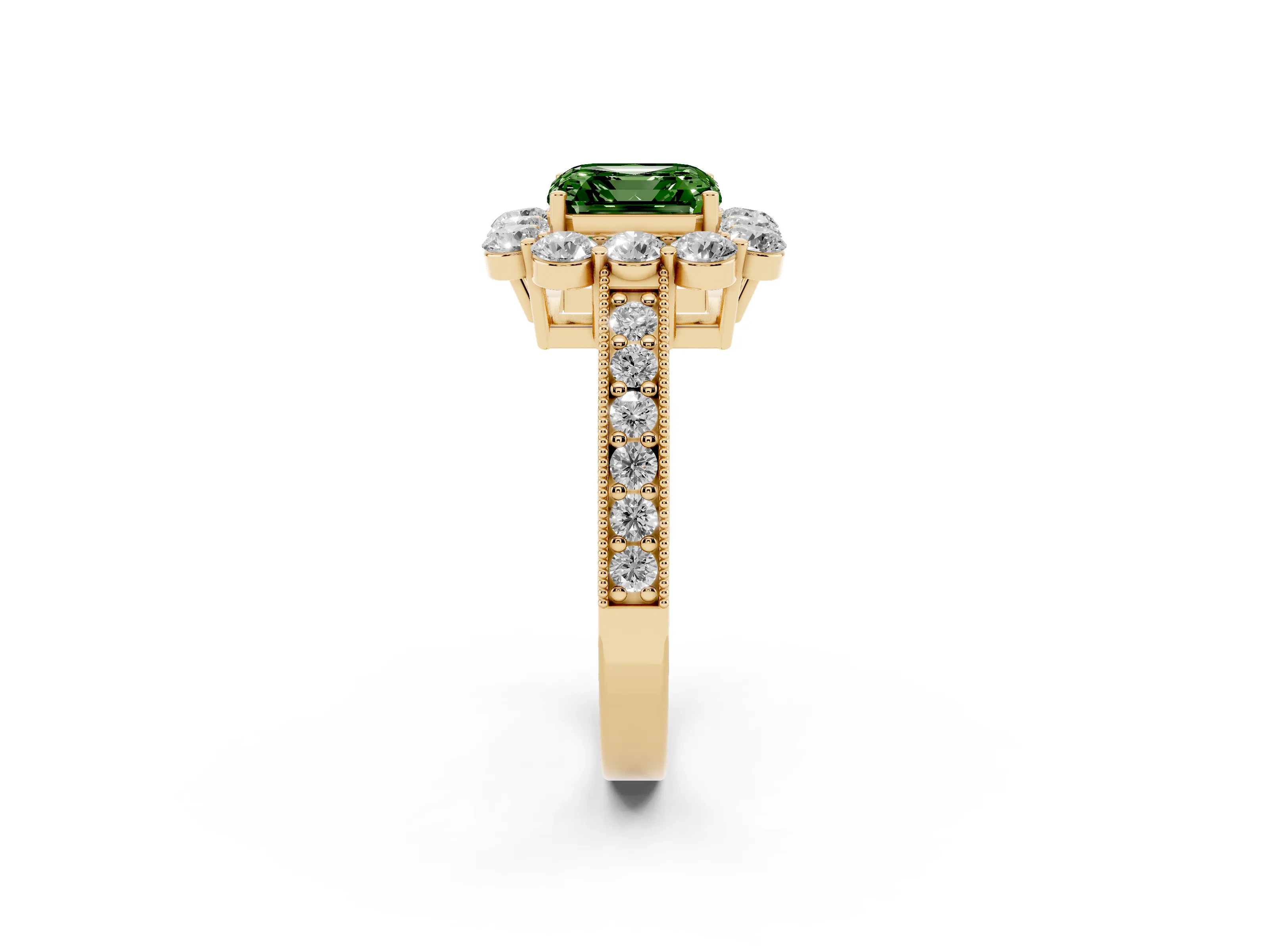 Fancy Green Asscher Cut Diamond Halo Pavé Engagement Ring Set in Yellow gold with Milgrain Detailing