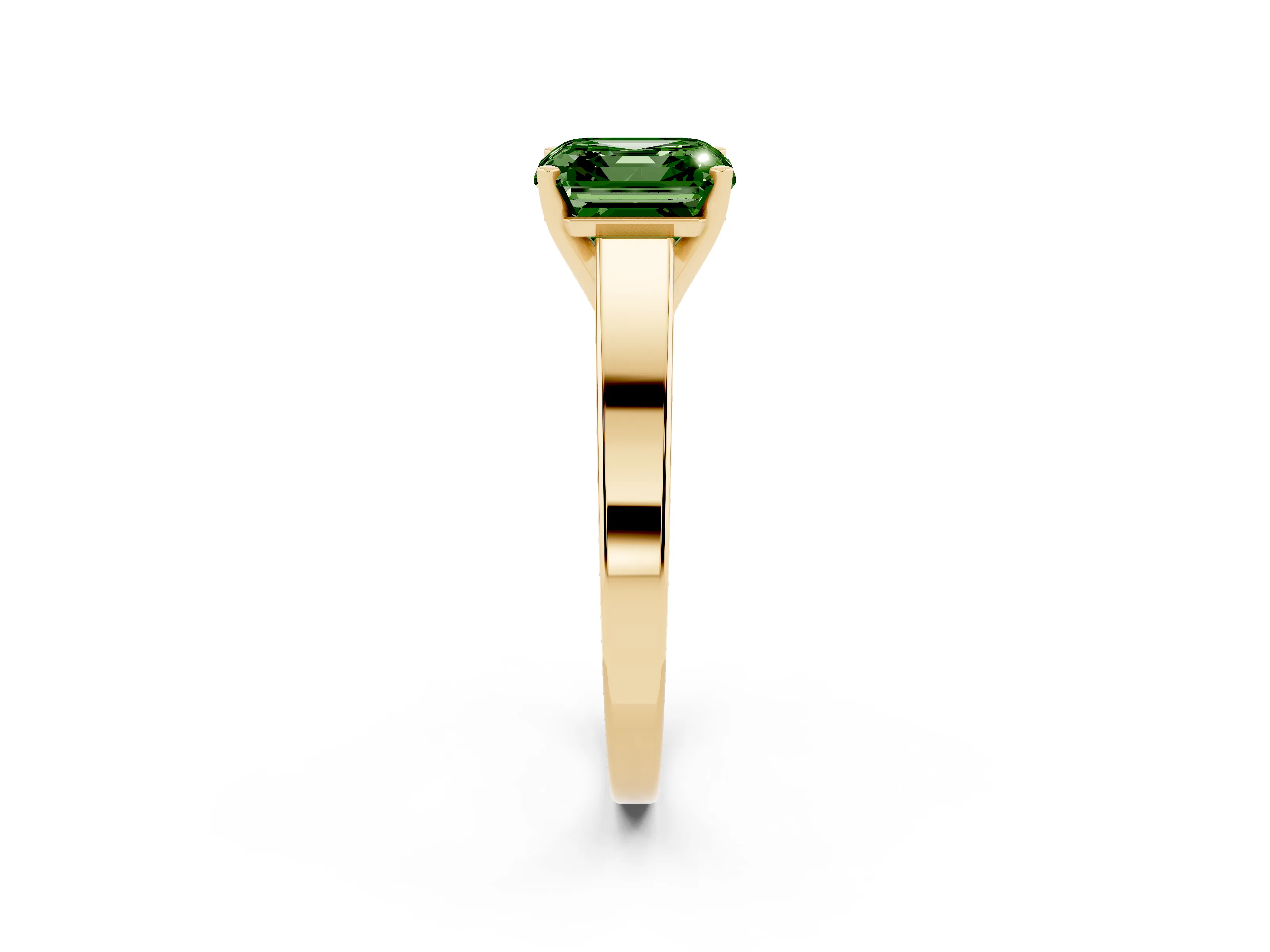 Fancy Green Asscher Cut Diamond Solitaire Engagement Ring Set in Yellow gold with Prong Setting and Tapered Band