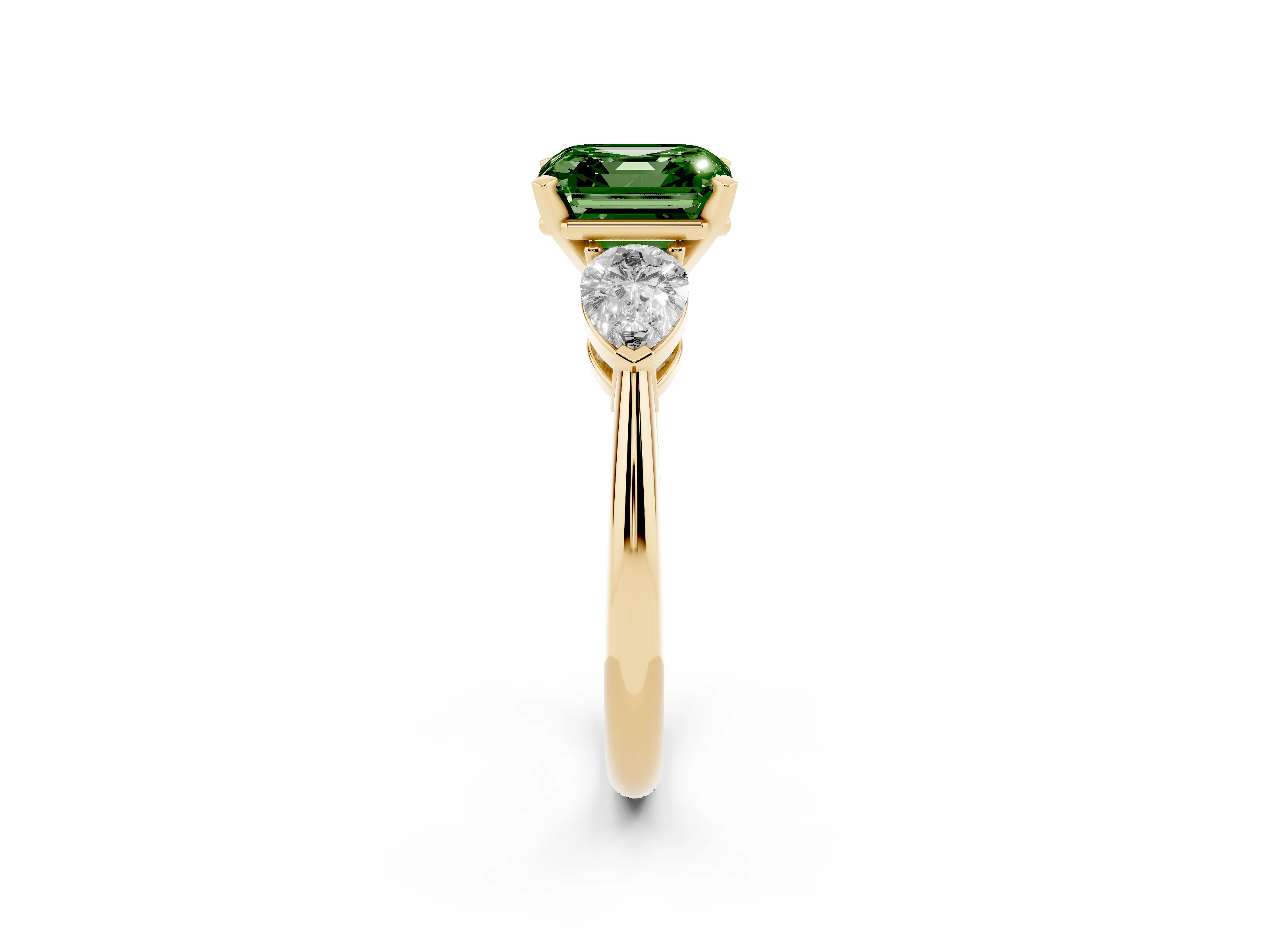 Fancy Green Three-Stone Asscher Cut Diamond Ring Set in Yellow gold with Pear Side Stones and Prong Setting