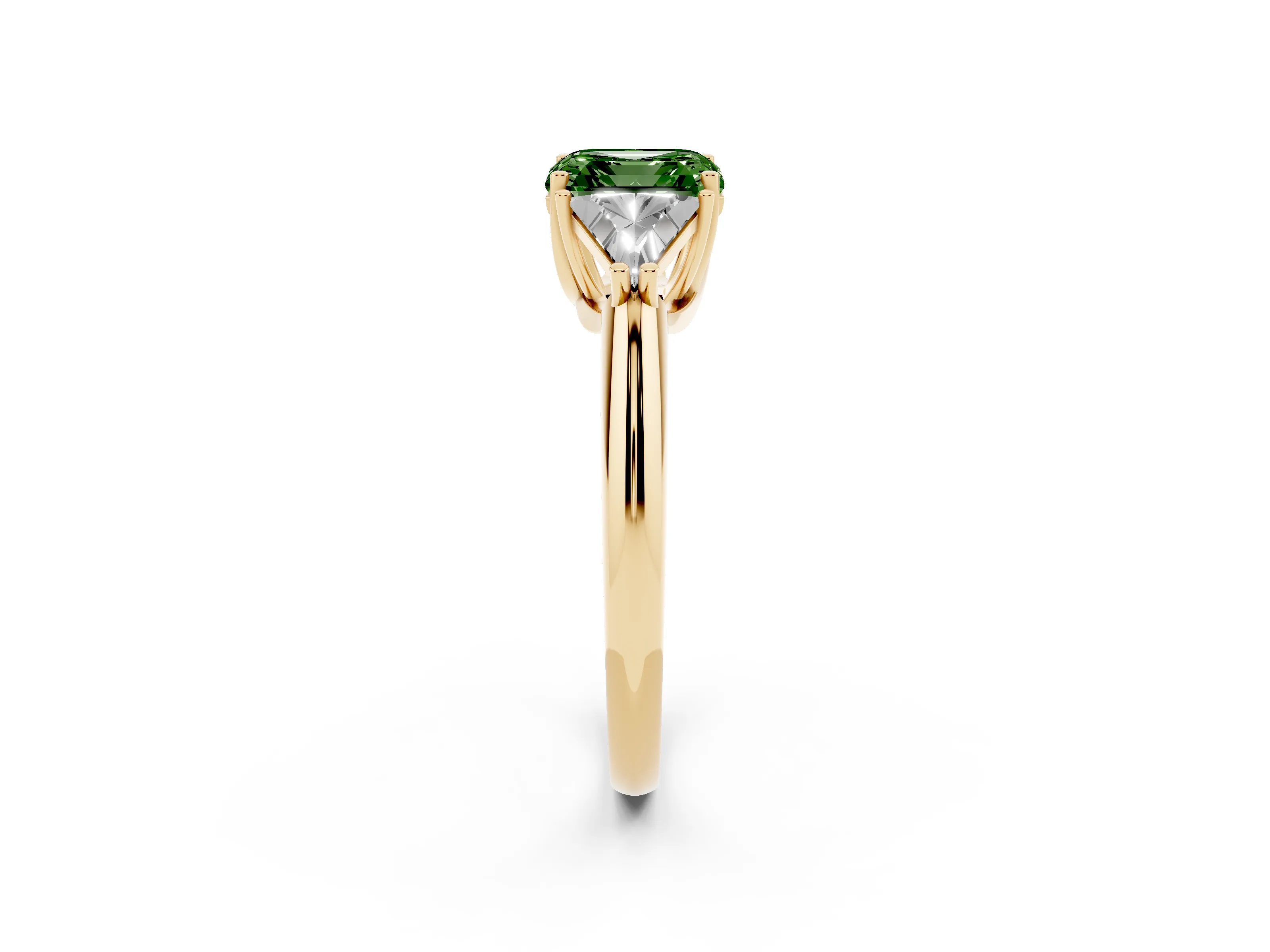 Fancy Green Asscher Cut Diamond Three-Stone Engagement Ring Set in Yellow gold with Trillion Side Stones