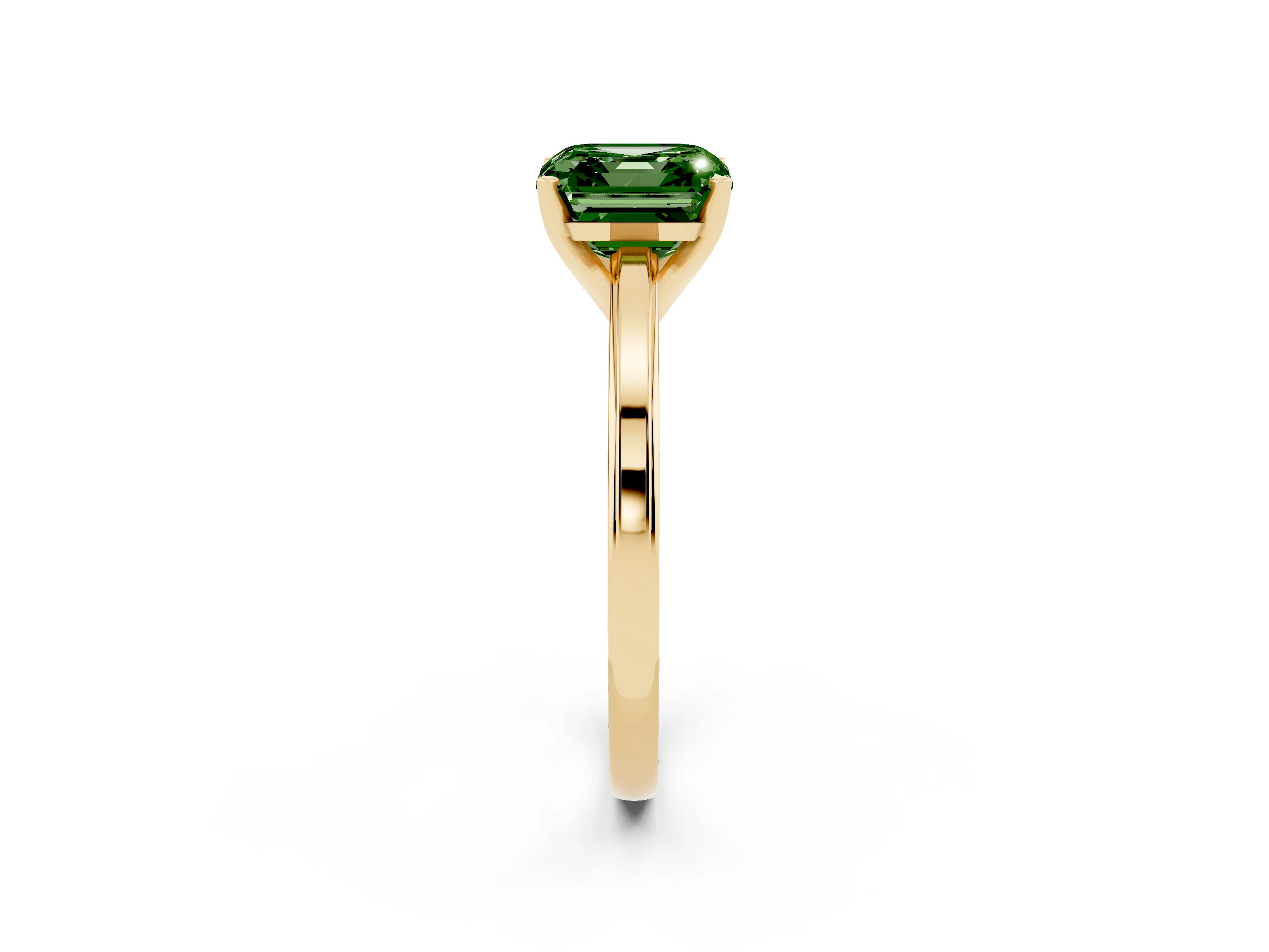 Fancy Green Asscher Cut Diamond Solitaire Ring Set in Yellow gold with Prong Setting and Classic Band